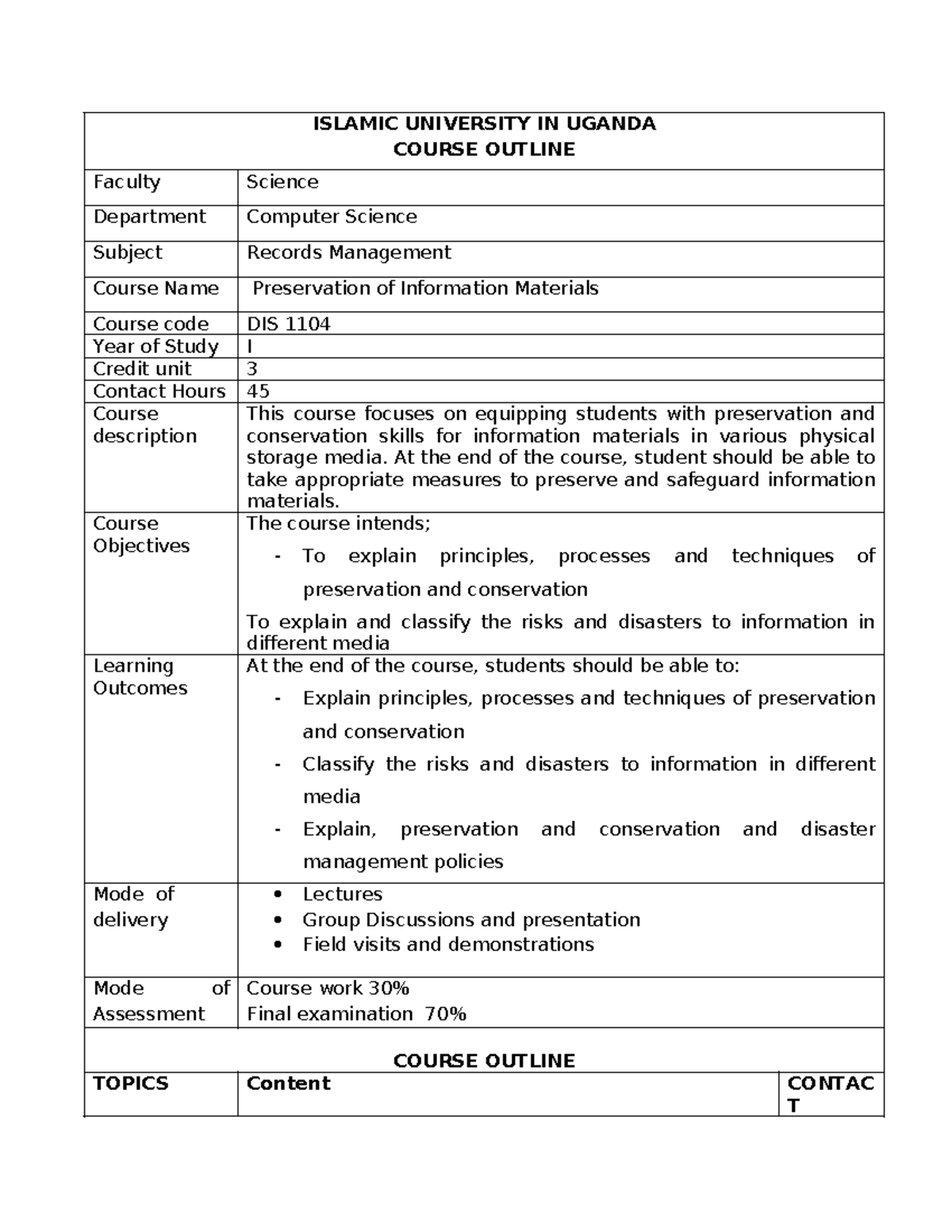 Preservation of Information Materials - DLIS 1104 Course Outline - Studocu