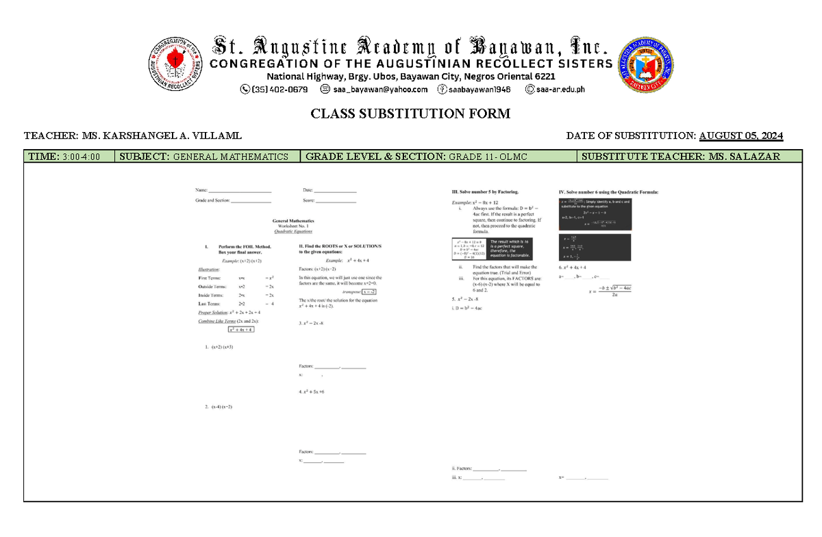 CSF - Gen Math - OLMC: Class Substitution Form for Ms. Villamil - Studocu