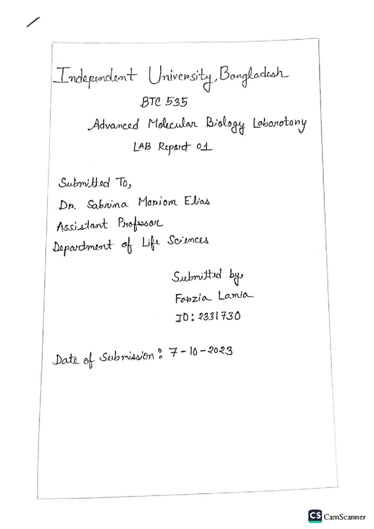 BTC 535 Advanced Molecular Biology Lab Report 01: PCR Experiment - Studocu