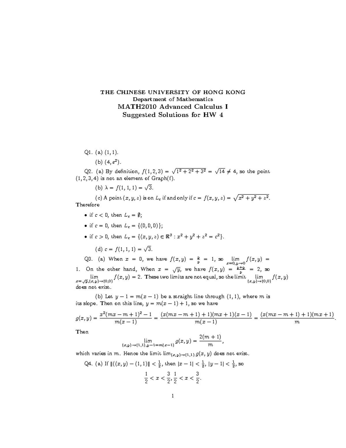 MATH2010 Advanced Calculus I: HW 4 Suggested Solutions - Studocu