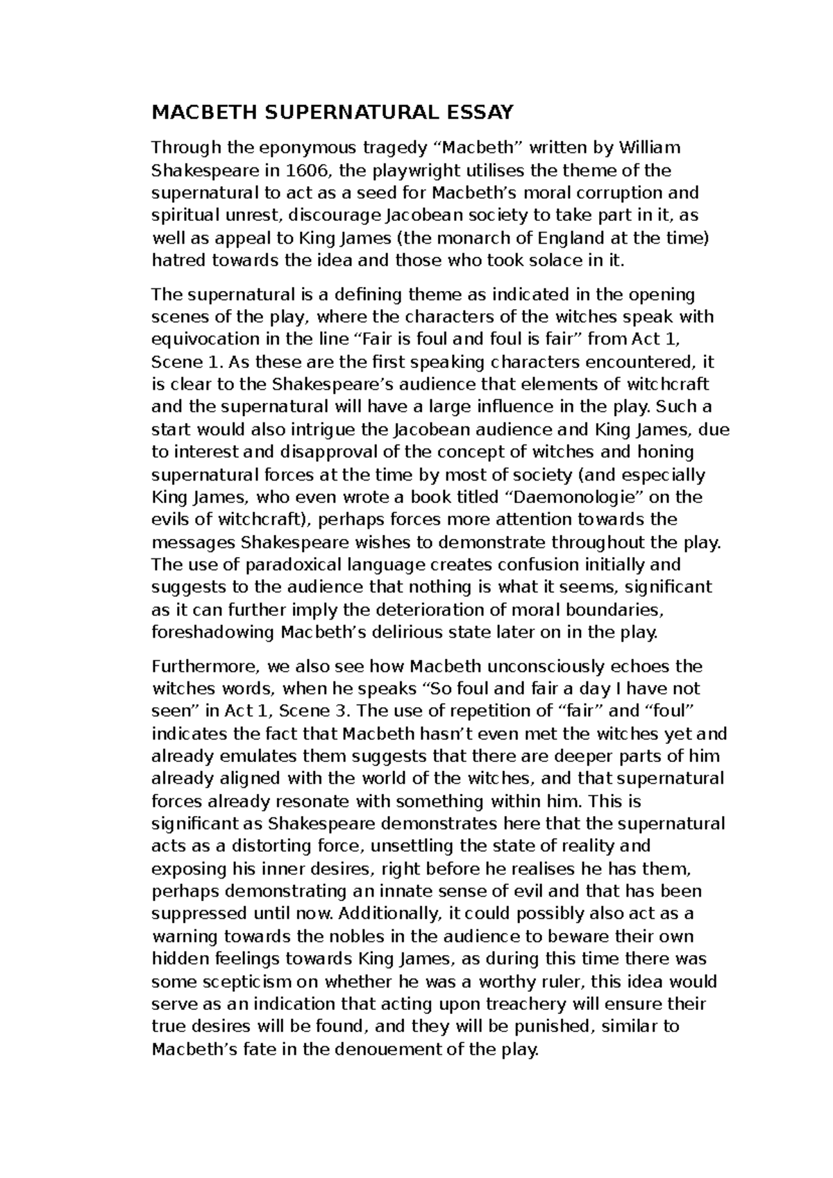 MACBETH (ENG101) Supernatural Forces and Moral Corruption Essay - Studocu