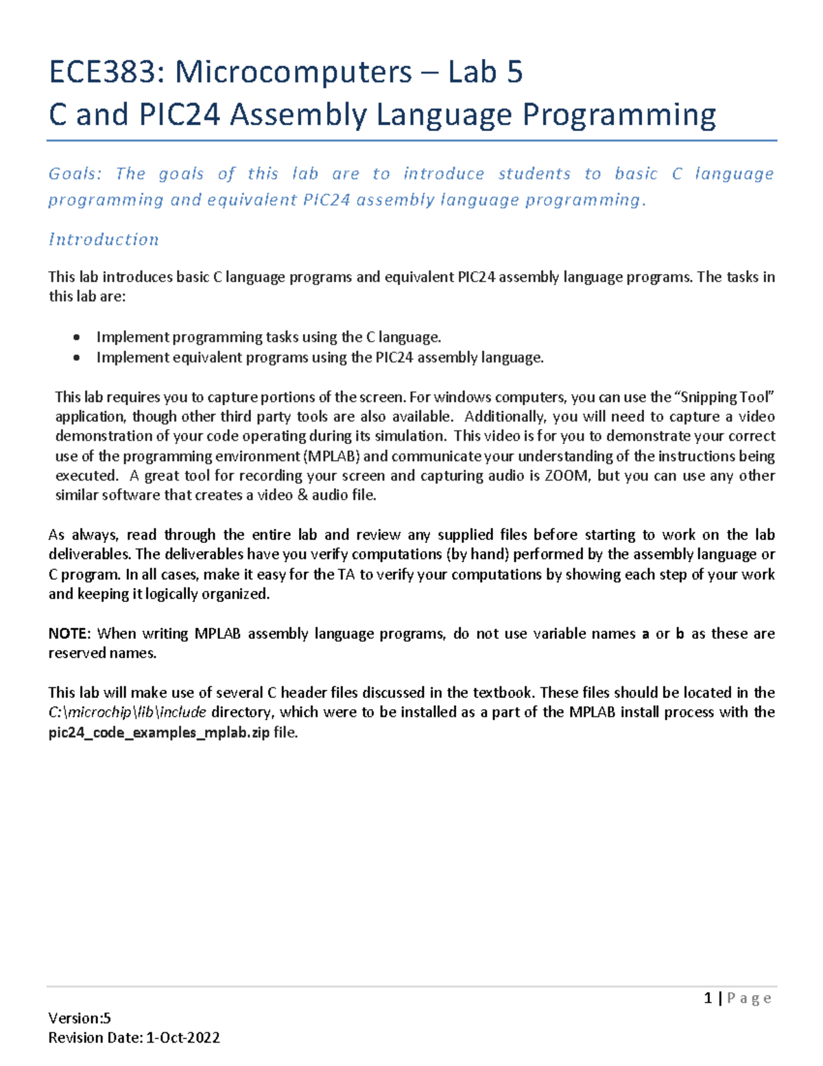 ECE383: Lab 5 - C & PIC24 Assembly Language Programming Guide - Studocu