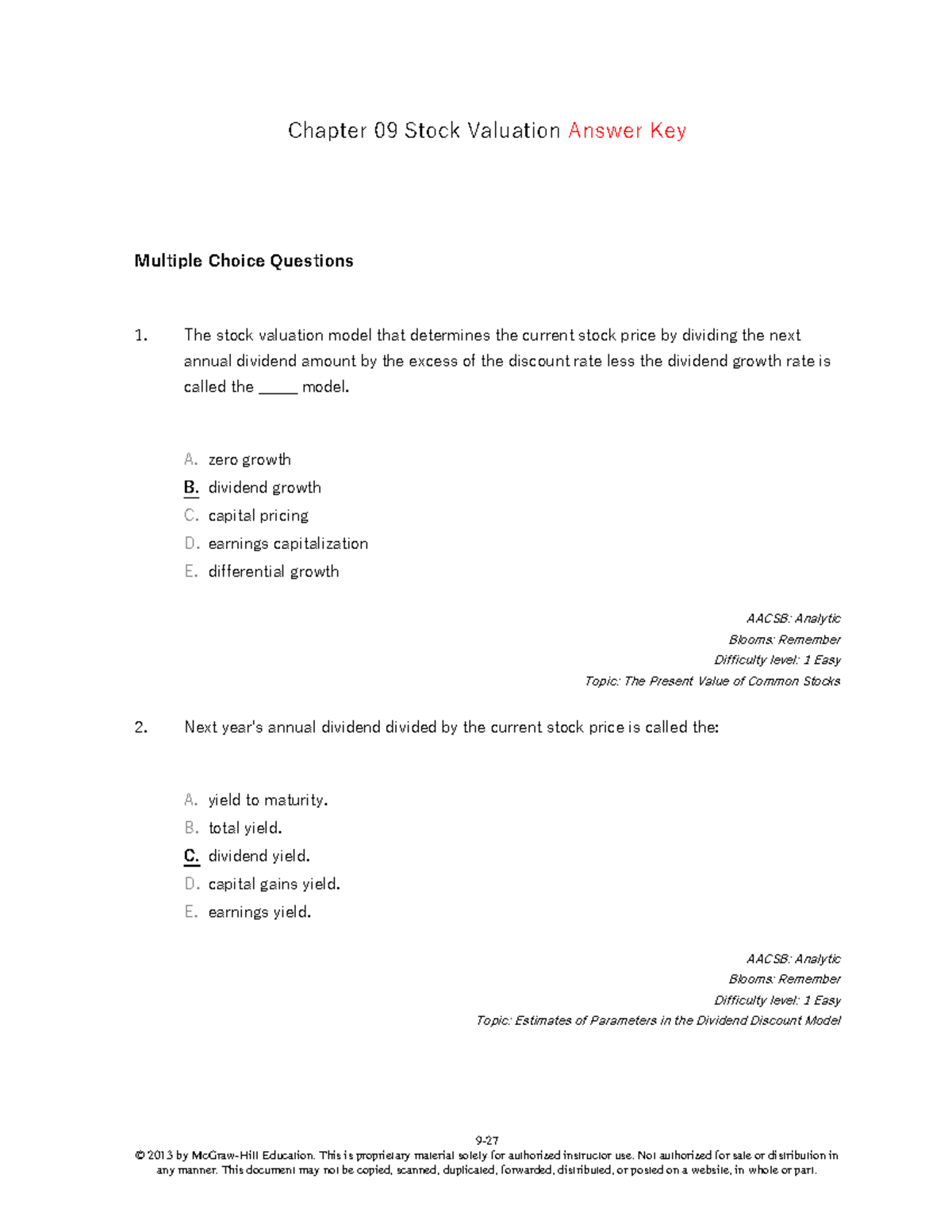 Chapter 09 Stock Valuation: Answer Key for MCQs - Studocu