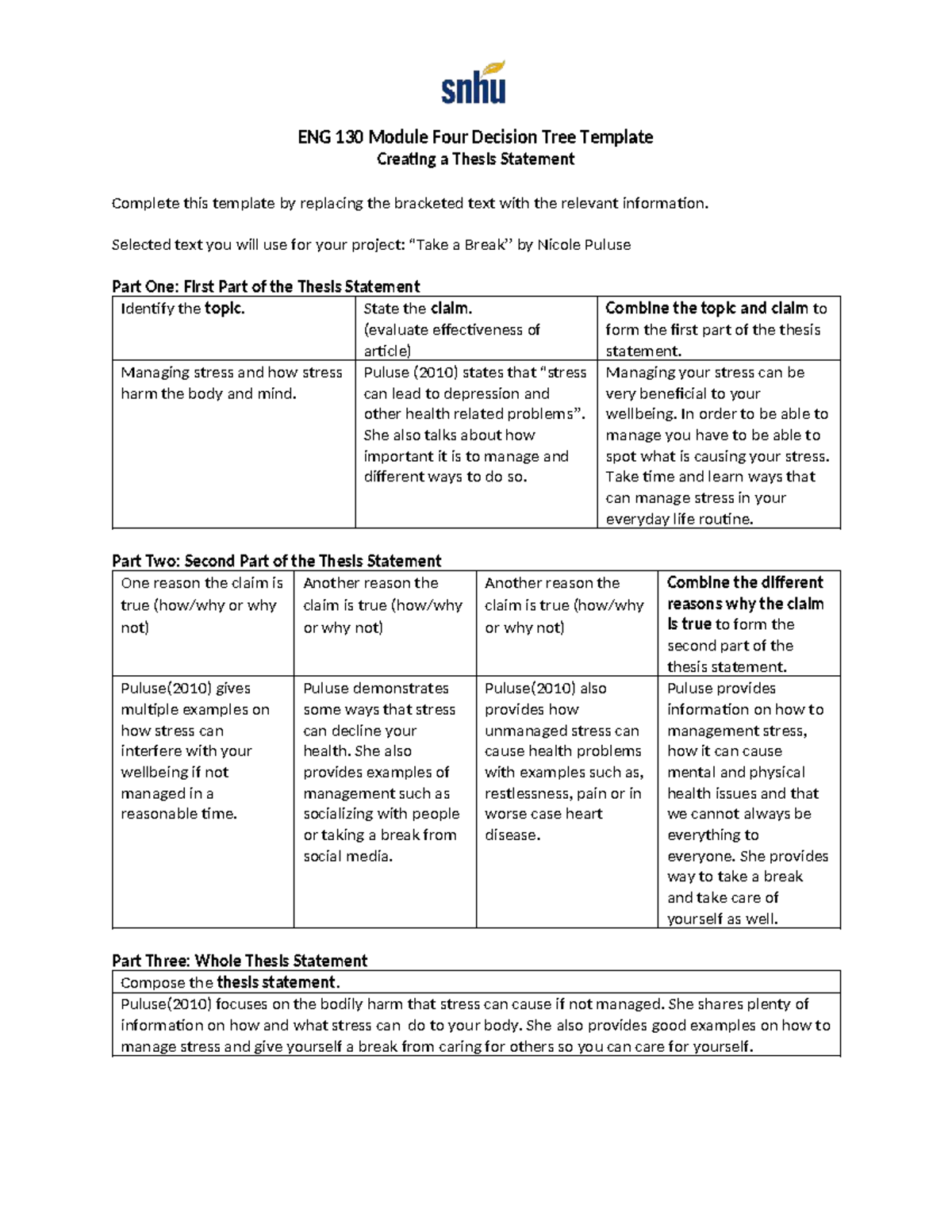 ENG 130 Module Four Decision Tree: Crafting a Thesis Statement - Studocu