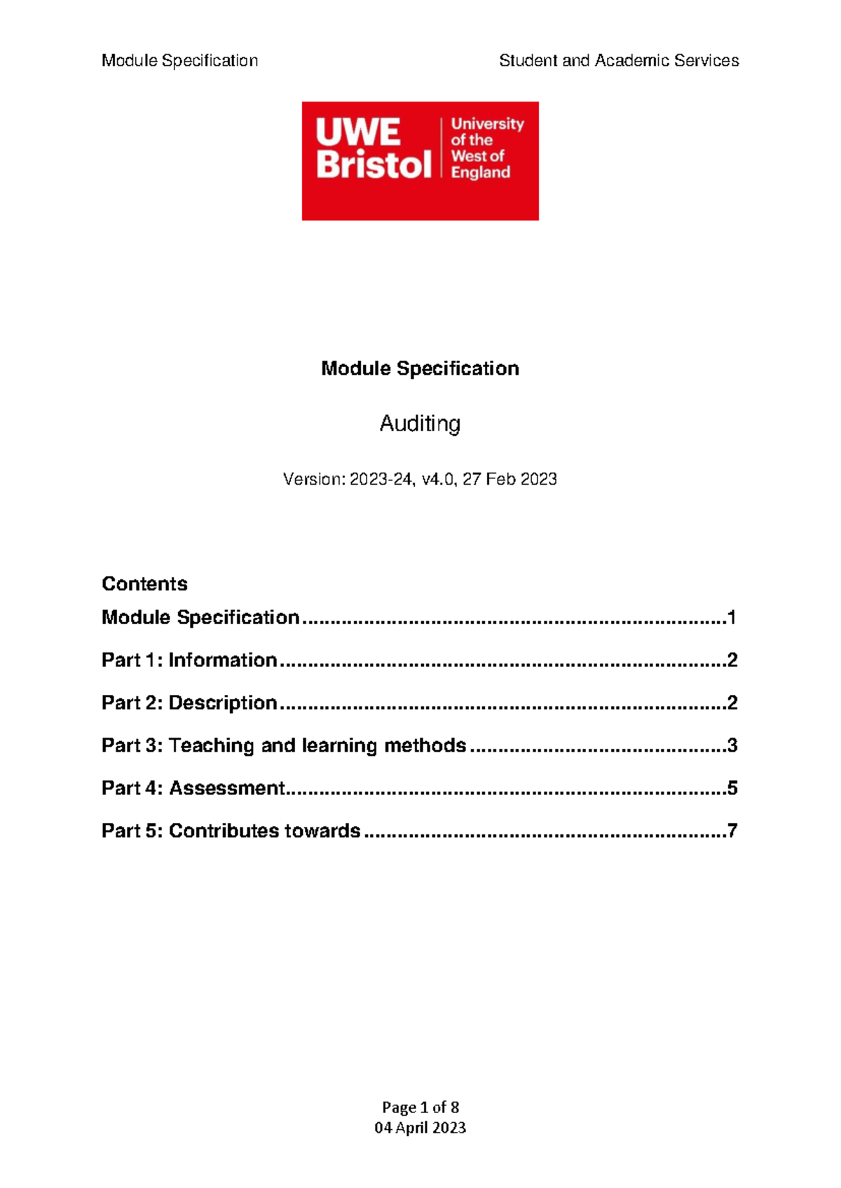 Modulespecification - about the module - Page 1 of 8 Module ...