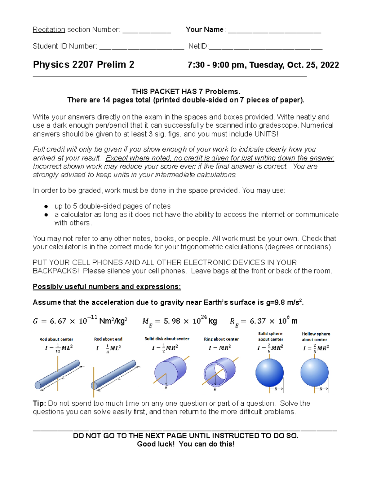 P2207 Physics 2207 Prelim 2 Exam Packet - Oct 25, 2022 - Studocu