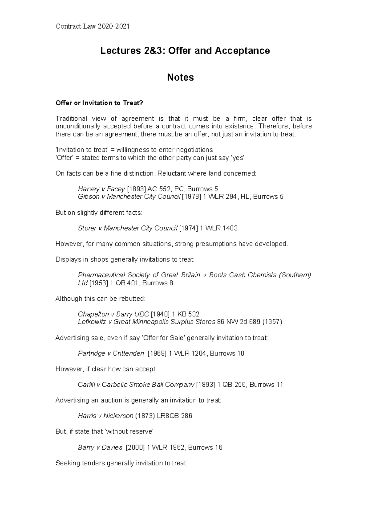 Contract Law (CL101) Lectures 2&3: Offer and Acceptance Notes - Studocu