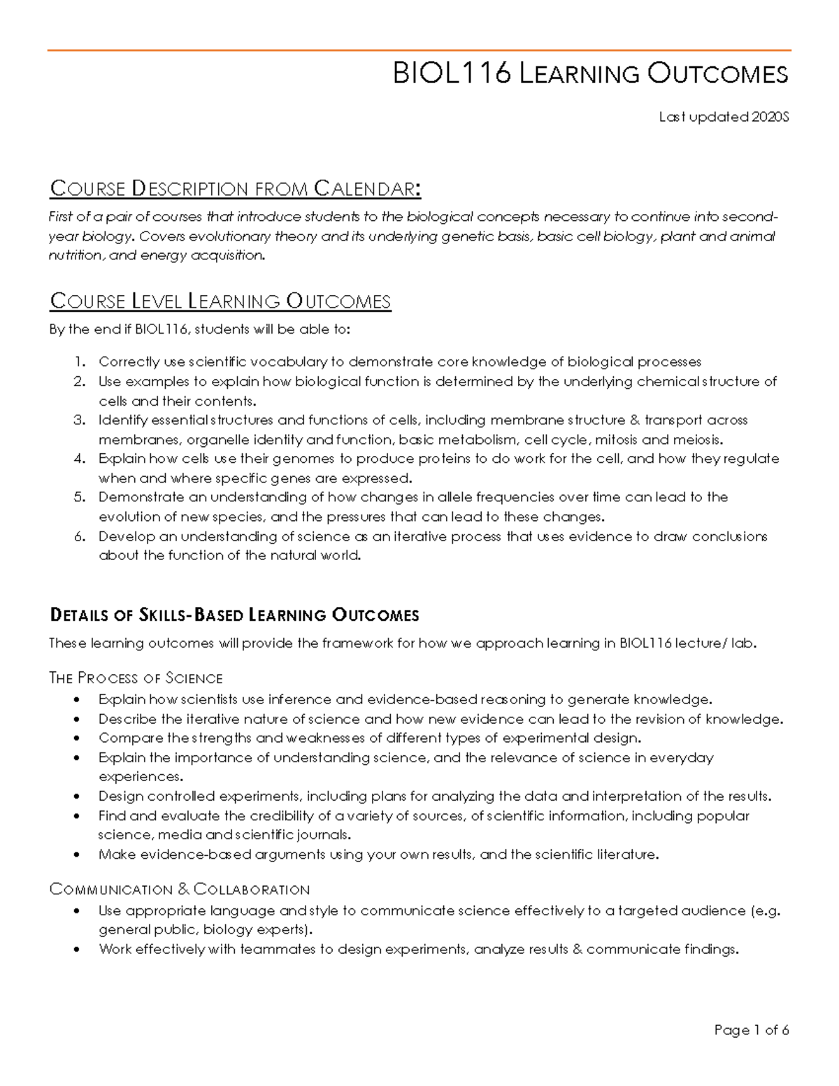 BIOL116 Learning Outcomes - BIOL116 LEARNING OUTCOMES Last updated ...