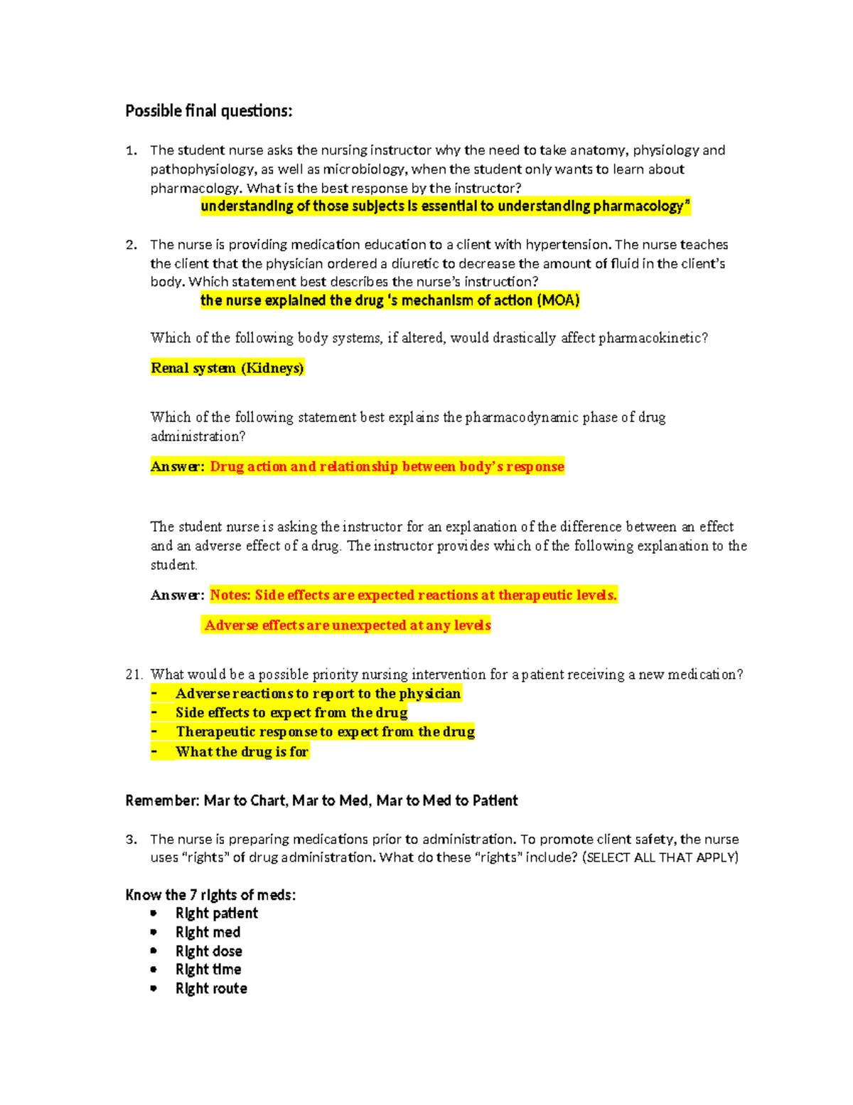 Pharm 101 Final Exam Review: Key Questions & Concepts - Studocu