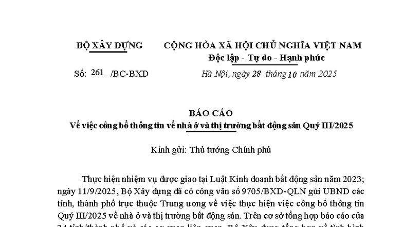 251028 BC 261 Bộ XD Báo cáo Thông tin Nhà ở & Thị trường BĐS Quý III.2025 - Document Preview