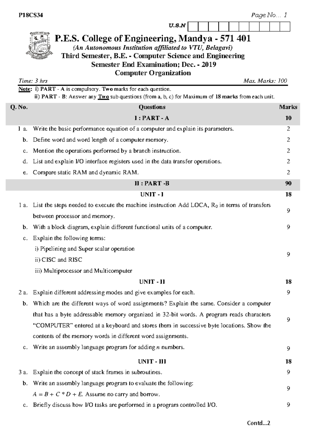P18CS34 - Final Exam Questions on Computer Organization - Studocu