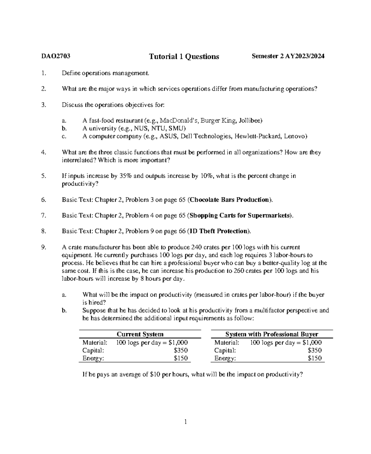 DAO2703 Tutorial 1 Questions - Operations Management Semester 2 AY 2023 ...