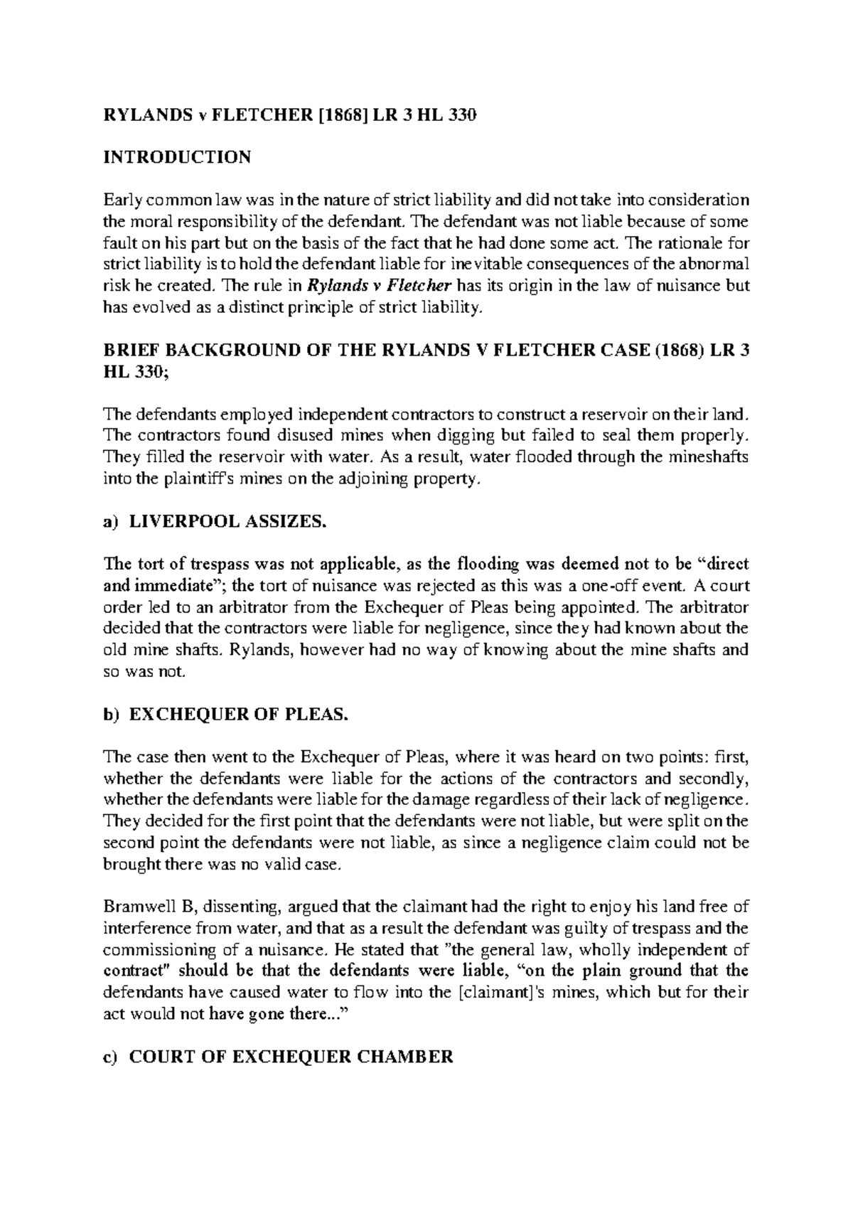 RYLANDS v FLETCHER: A Study of Strict Liability in Tort Law - Studocu