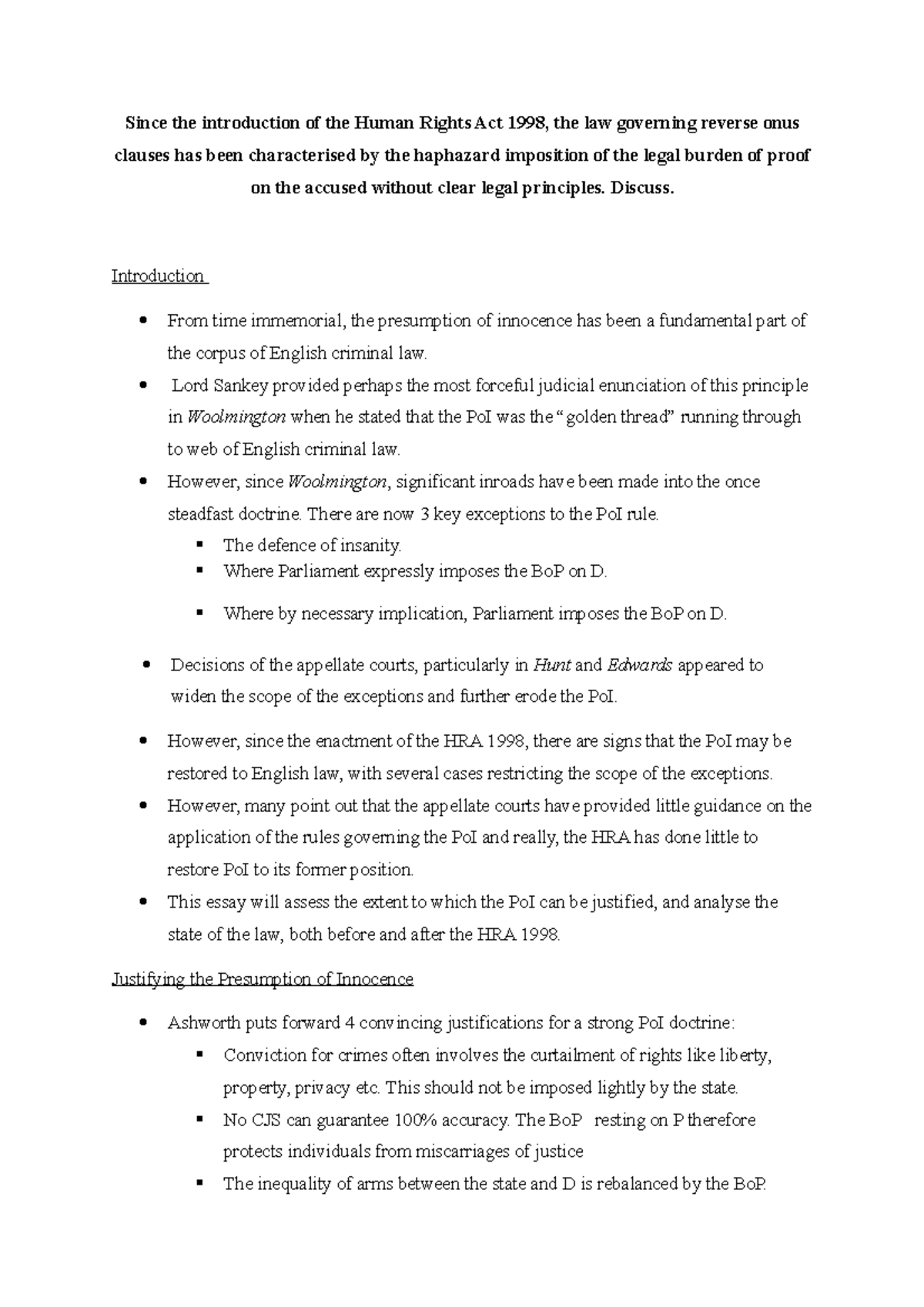 HRA 1998: Analyzing the Burden of Proof in Human Rights Law Essay - Studocu