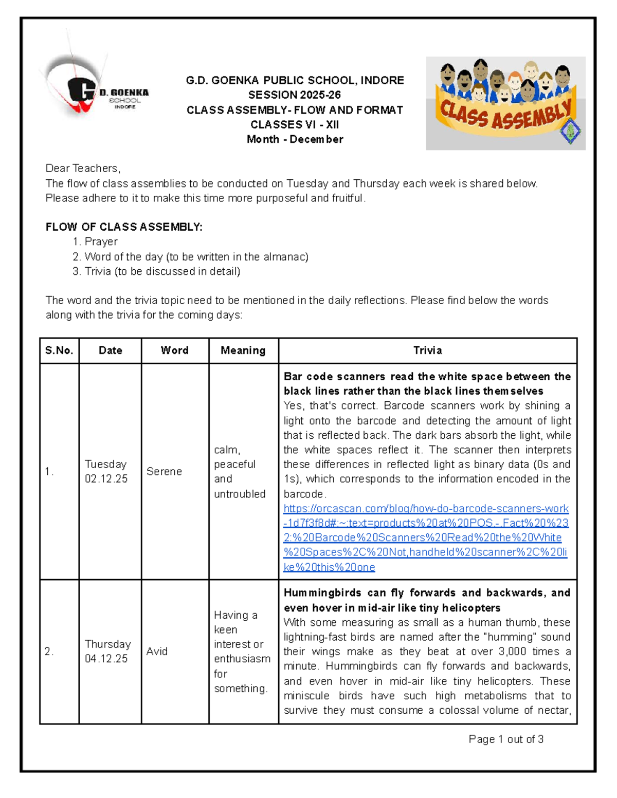 Class Assembly Flow & Format for VI-XII - December 2025 - Studocu