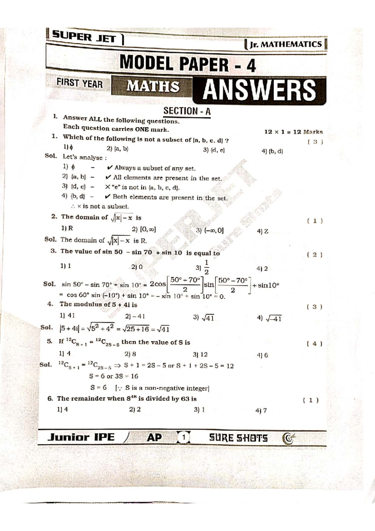 Model Paper 4: Mathematics Junior IPE AP - Answers and Solutions - Studocu