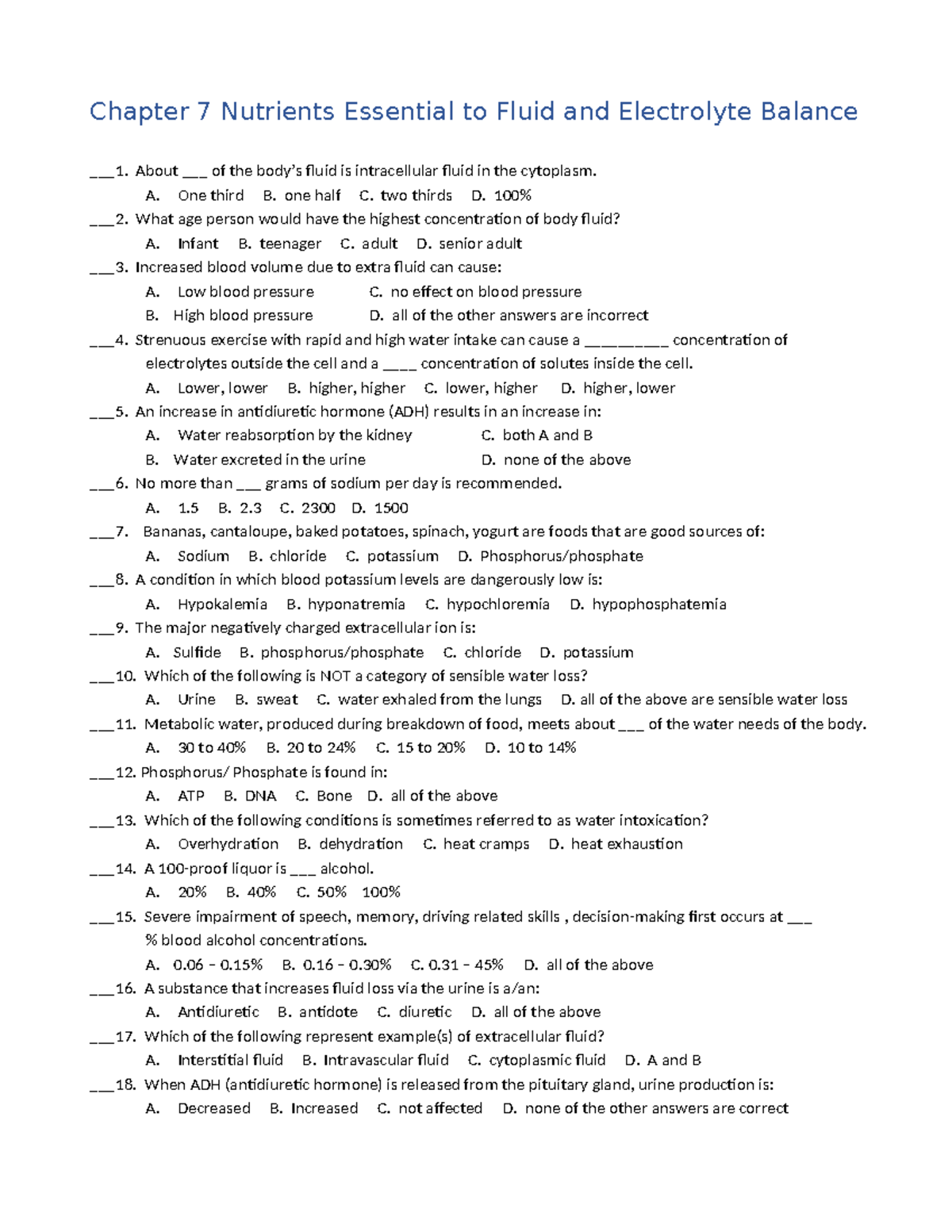 Fluid and Electrolyte Balance: Chapter 7 Exam Prep Notes - Studocu