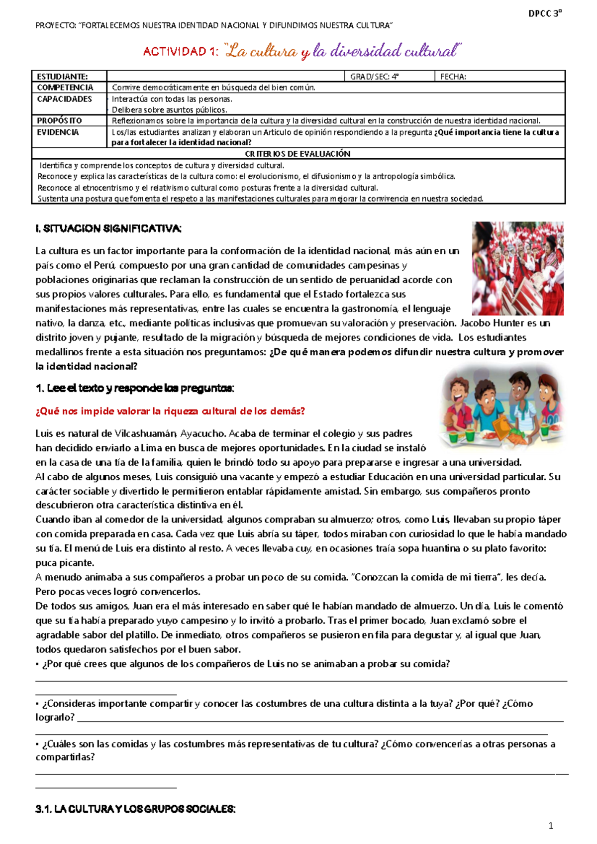 3° DPCC - ACTIVIDAD 1: Cultura y Diversidad en la Identidad Nacional ...
