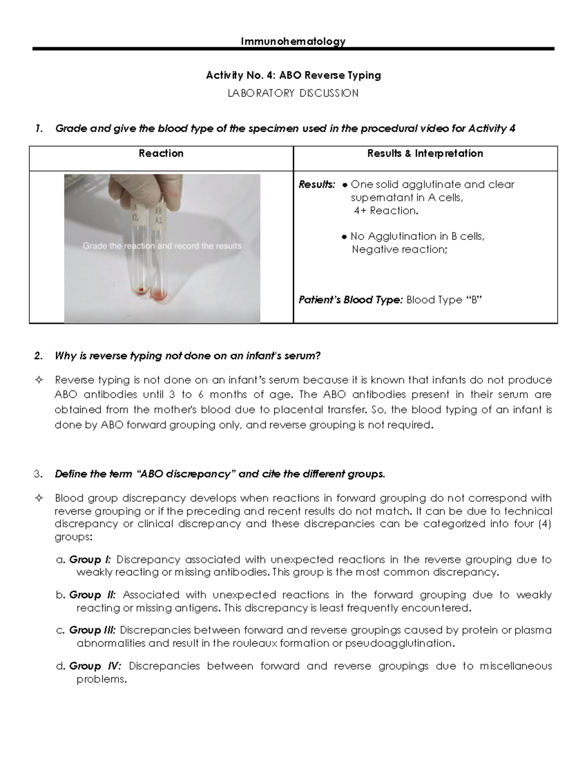 Immunohematology Activity No. 4: ABO Reverse Typing Discussion - Studocu