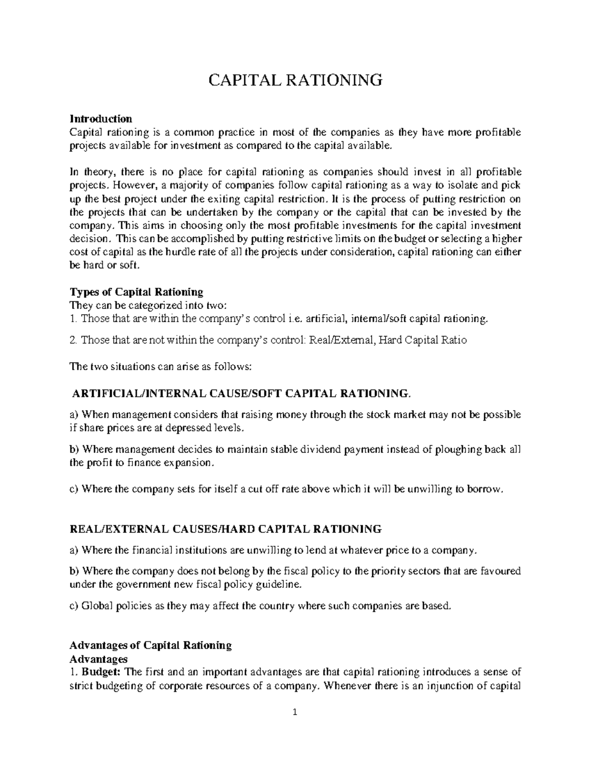 Capital Rationing Concepts and Strategies (Finance 101) - Studocu