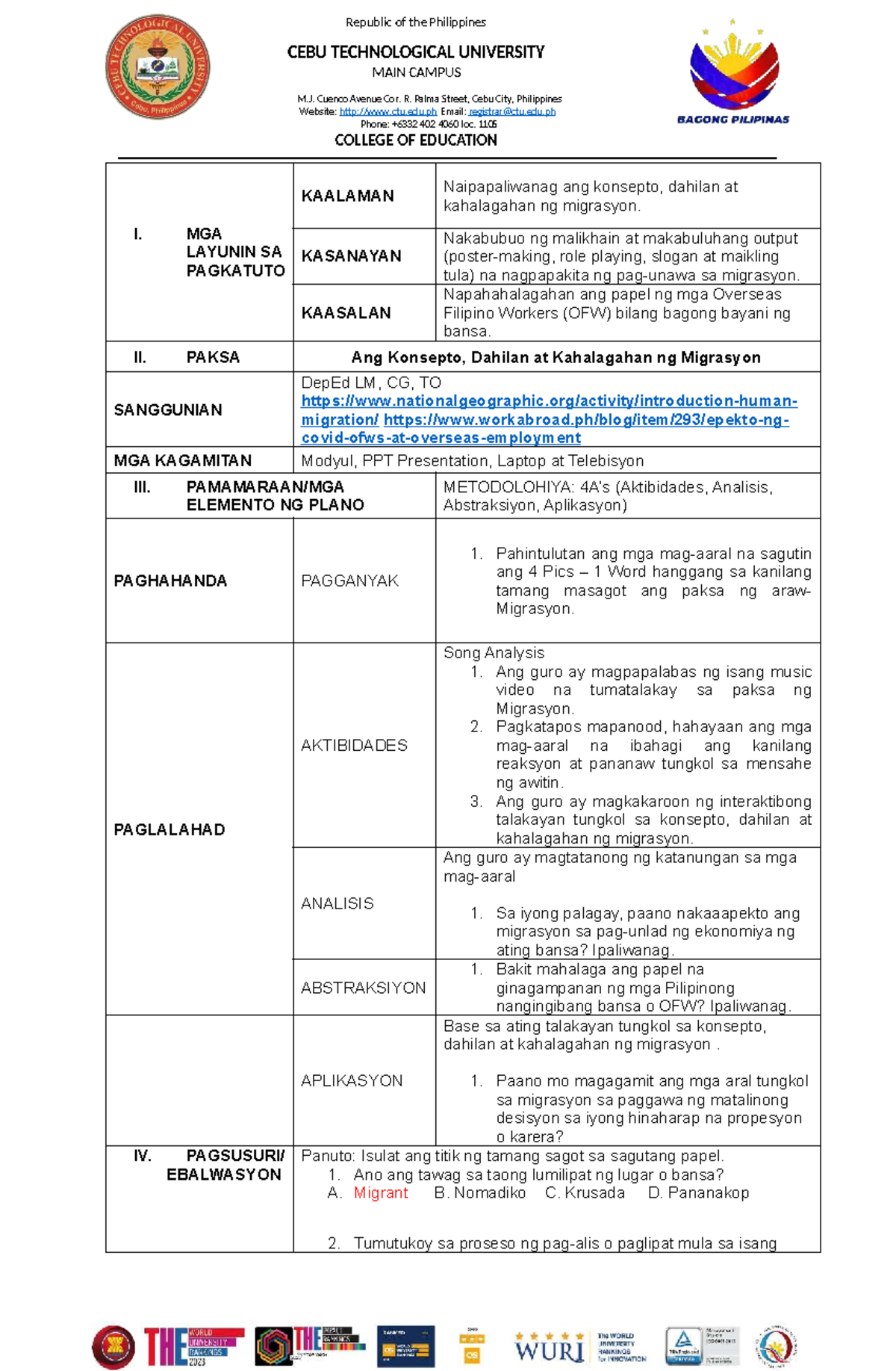 Detailed Lesson Plan on Migrasyon (EDUC 101) - Studocu