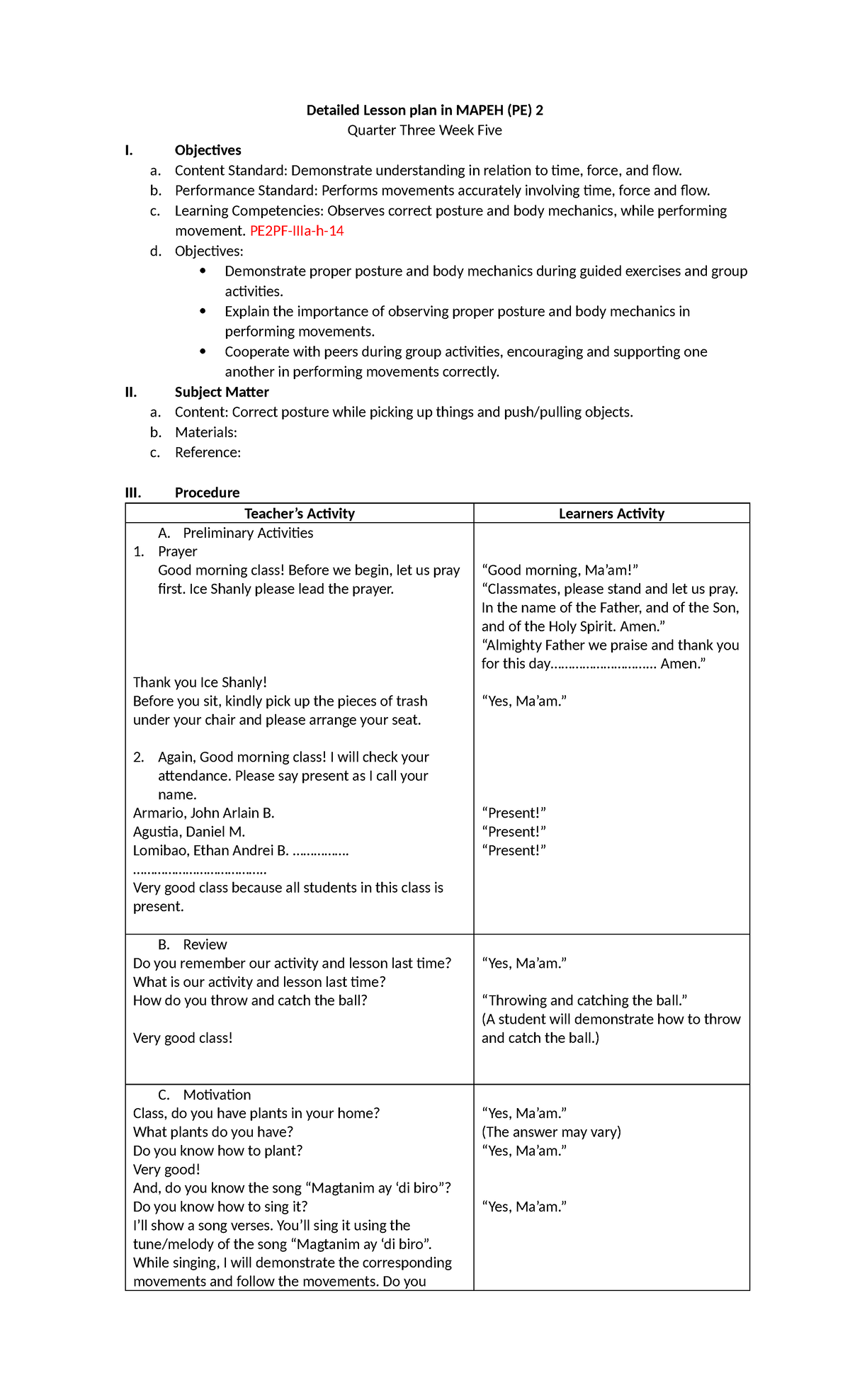 Detailed Lesson Plan: Proper Posture in MAPEH (PE) 2 - Studocu