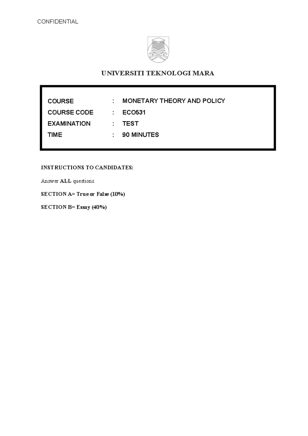 ECO531 Monetary Theory & Policy Test: True/False Questions - Studocu