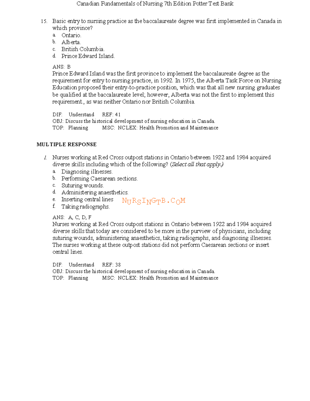 Canadian Fundamentals of Nursing 7th Ed. Potter Test Bank 15 - Studocu