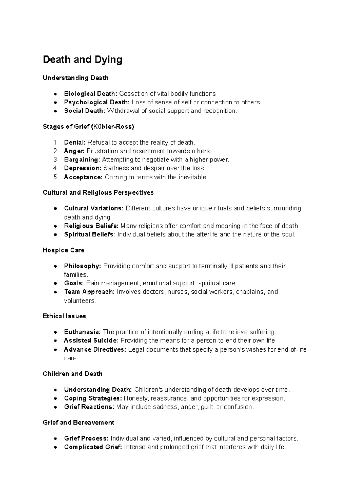Death and dying - summary of lecture and textbook notes - Death and ...