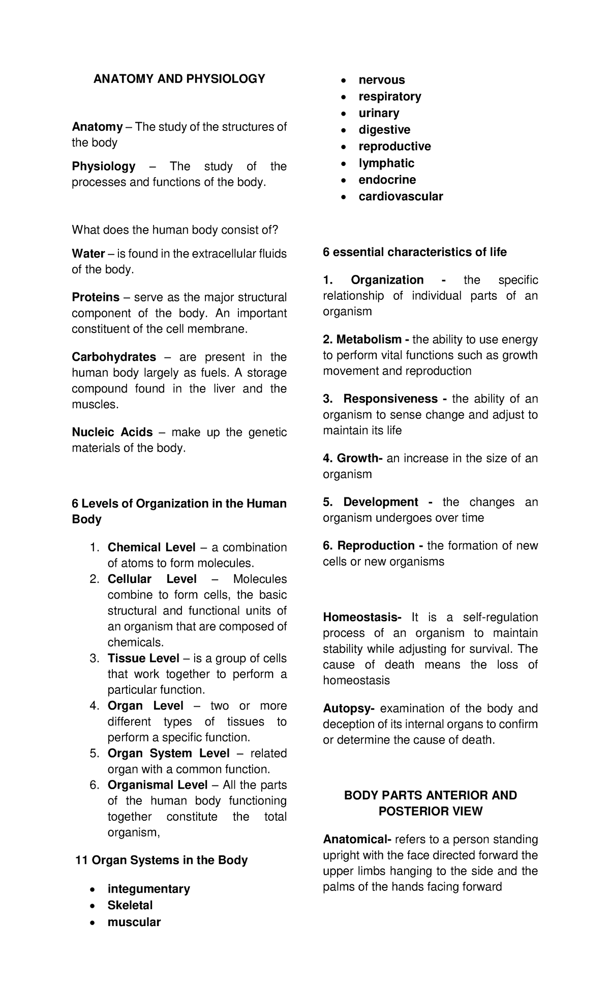 Final Exam Review for HES 006: Anatomy and Physiology Summary - Studocu