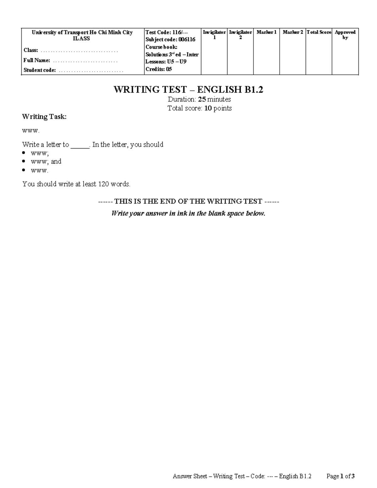 B1.2 Writing Test - English Subject Code 006116 - Studocu