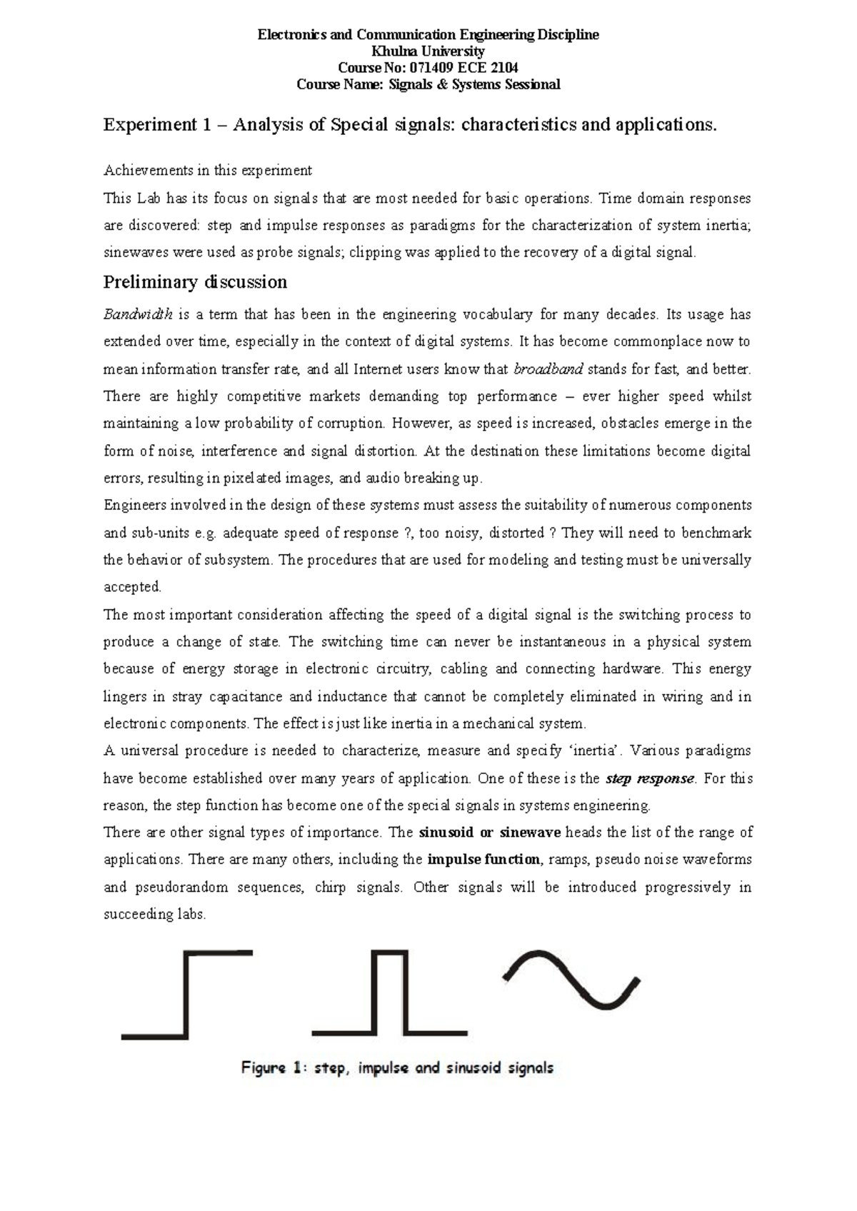 Signals and Systems Lab Manual - ECE 2104 Sessional Experiment 1 - Studocu