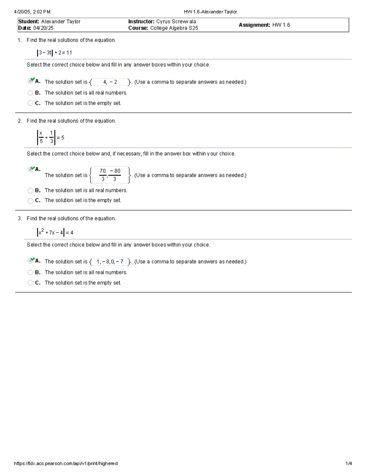 College Algebra S25: HW 1.6 – Solutions to Equations and Inequalities ...