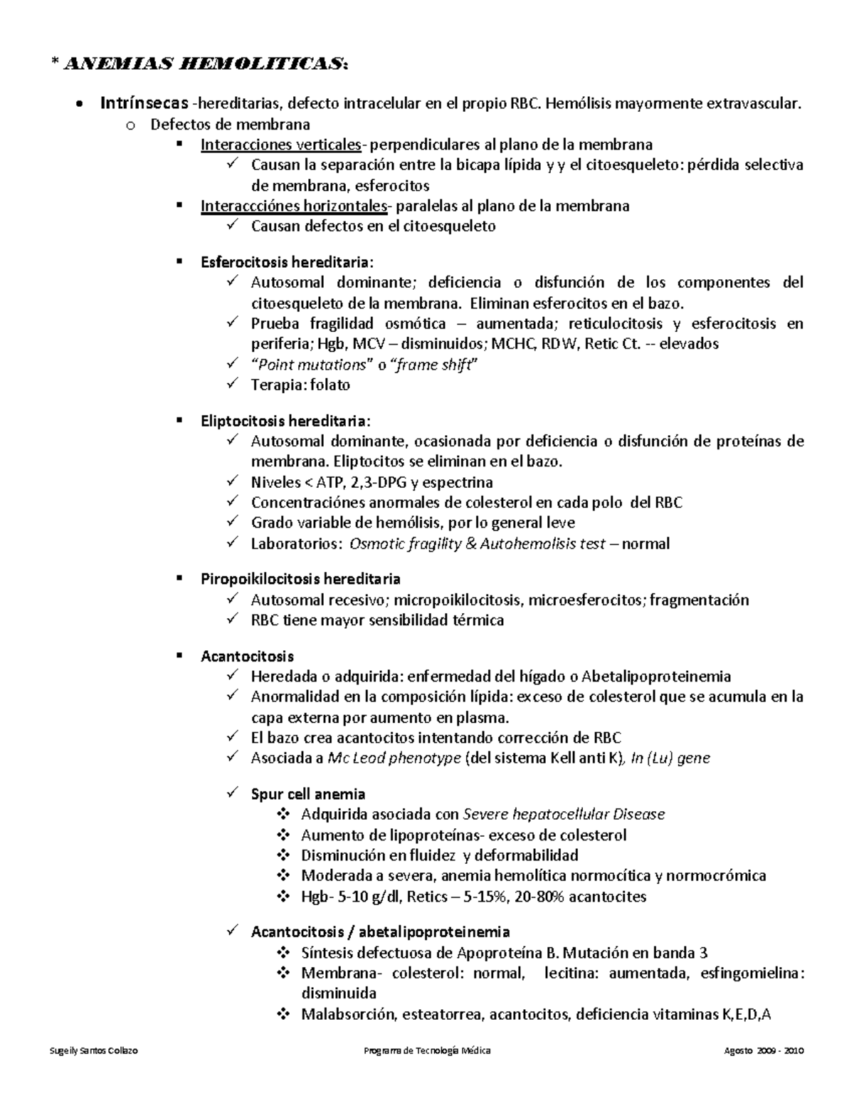 -Repaso MEDT 4922 Hematologia 2 - * ANEMIAS HEMOLITICAS : Intrínsecas ...