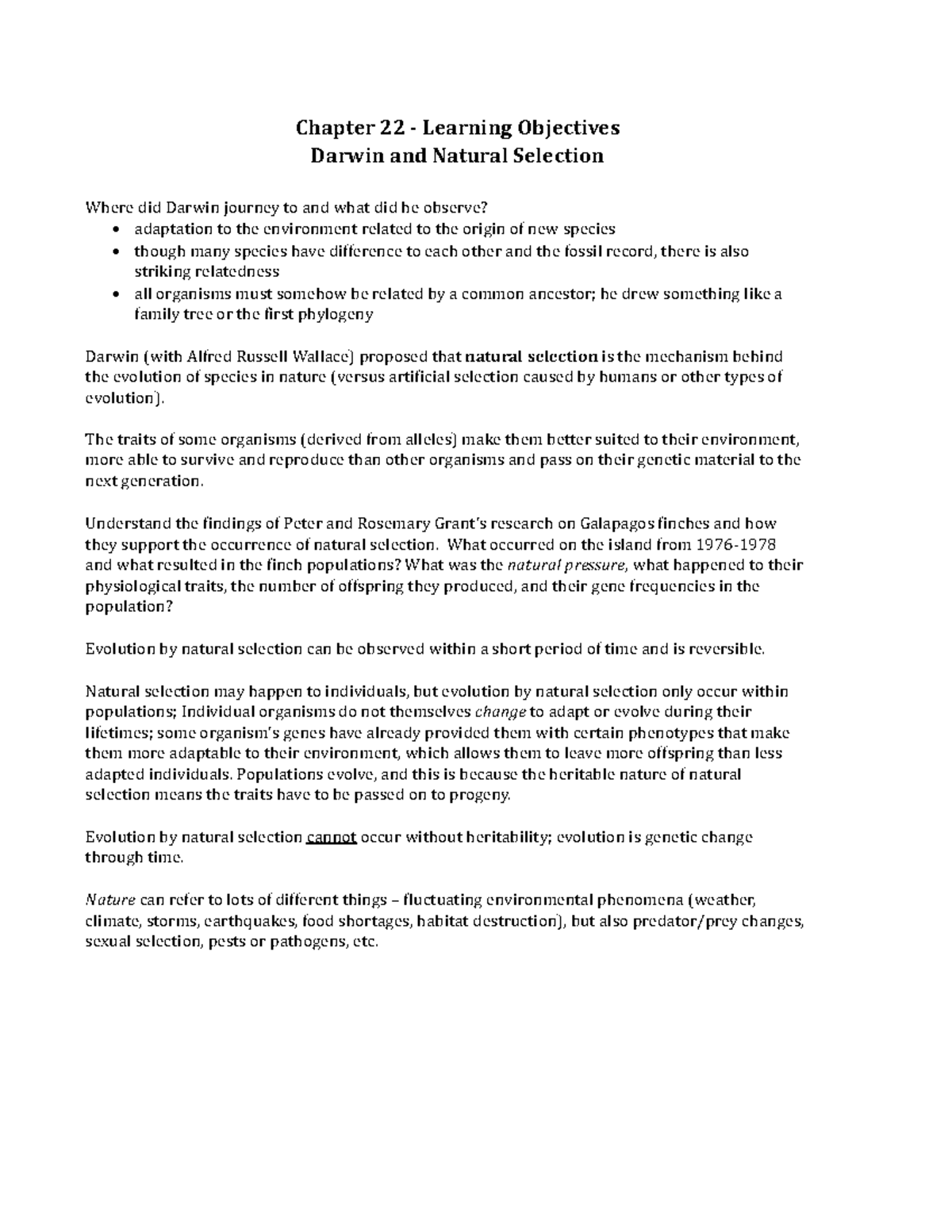 Chapter 22 - Learning Objectives: Darwin and Natural Selection Insights ...