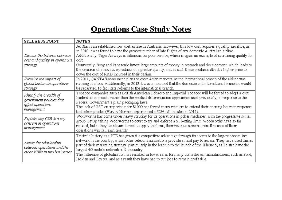Operations Management Worksheets for NSW Business Studies V - Year 12 ...