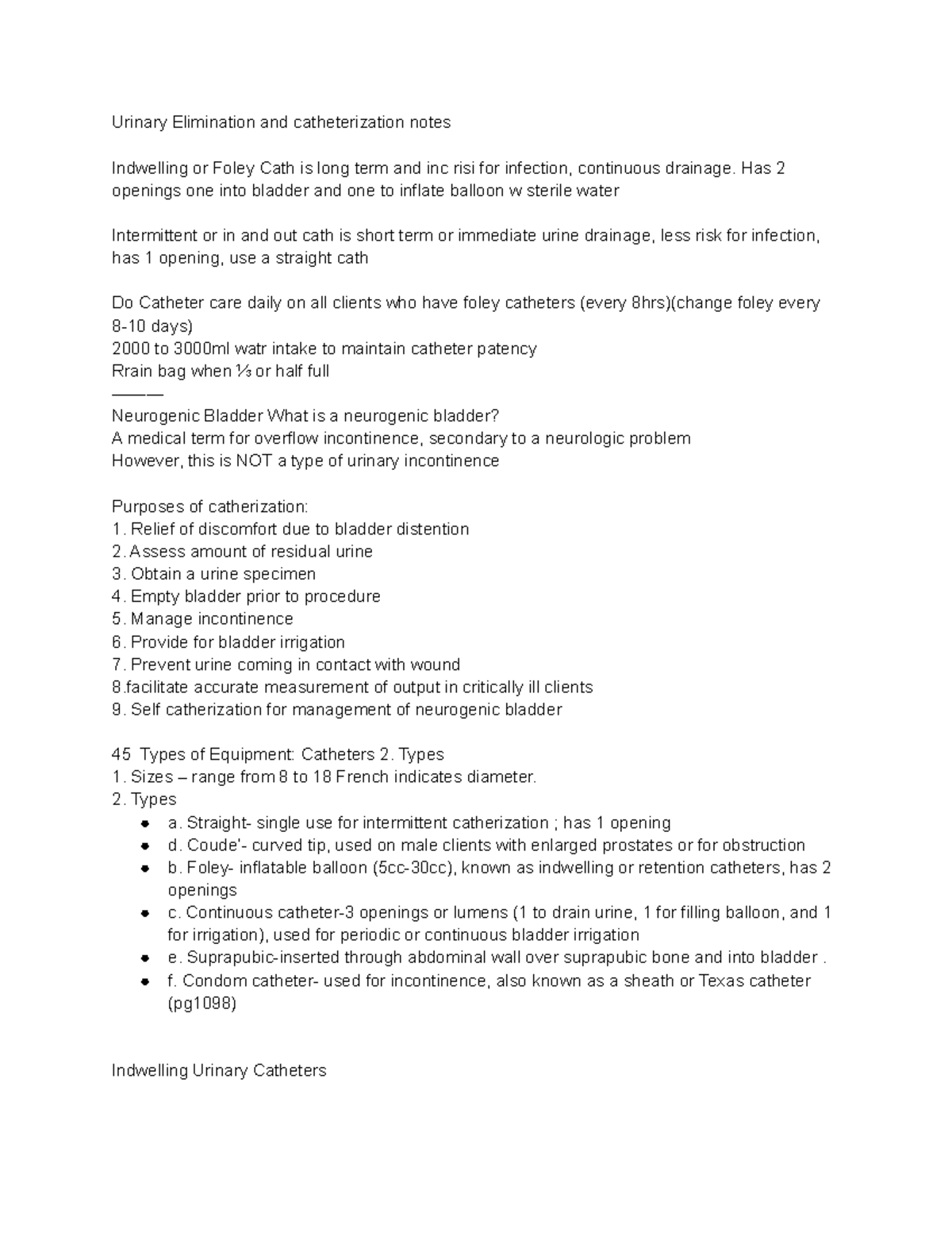 Urine elim notes - Urinary Elimination and catheterization notes ...