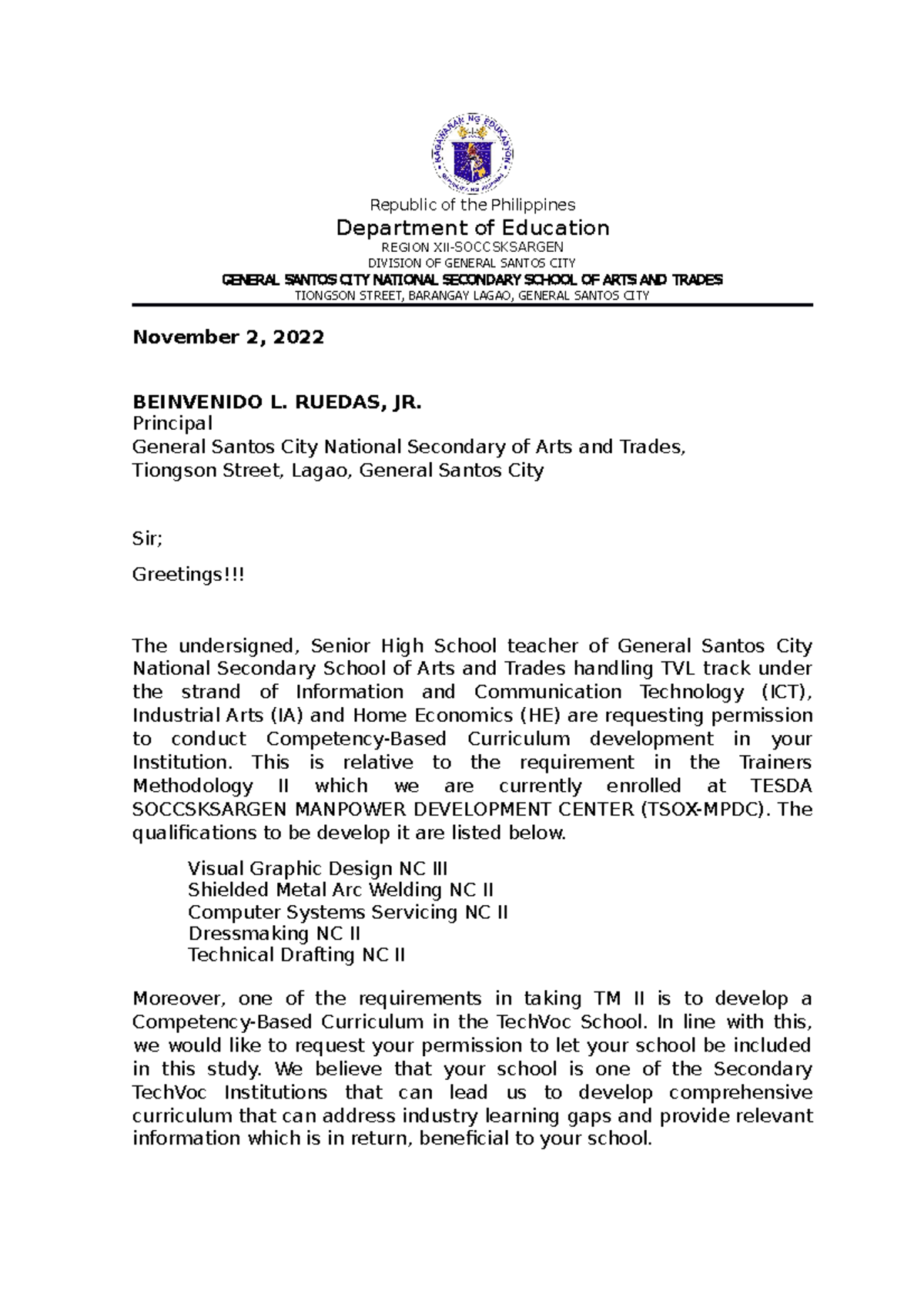 Letter of Intent for Curriculum Development - TM II TSOX-MPDC - Studocu