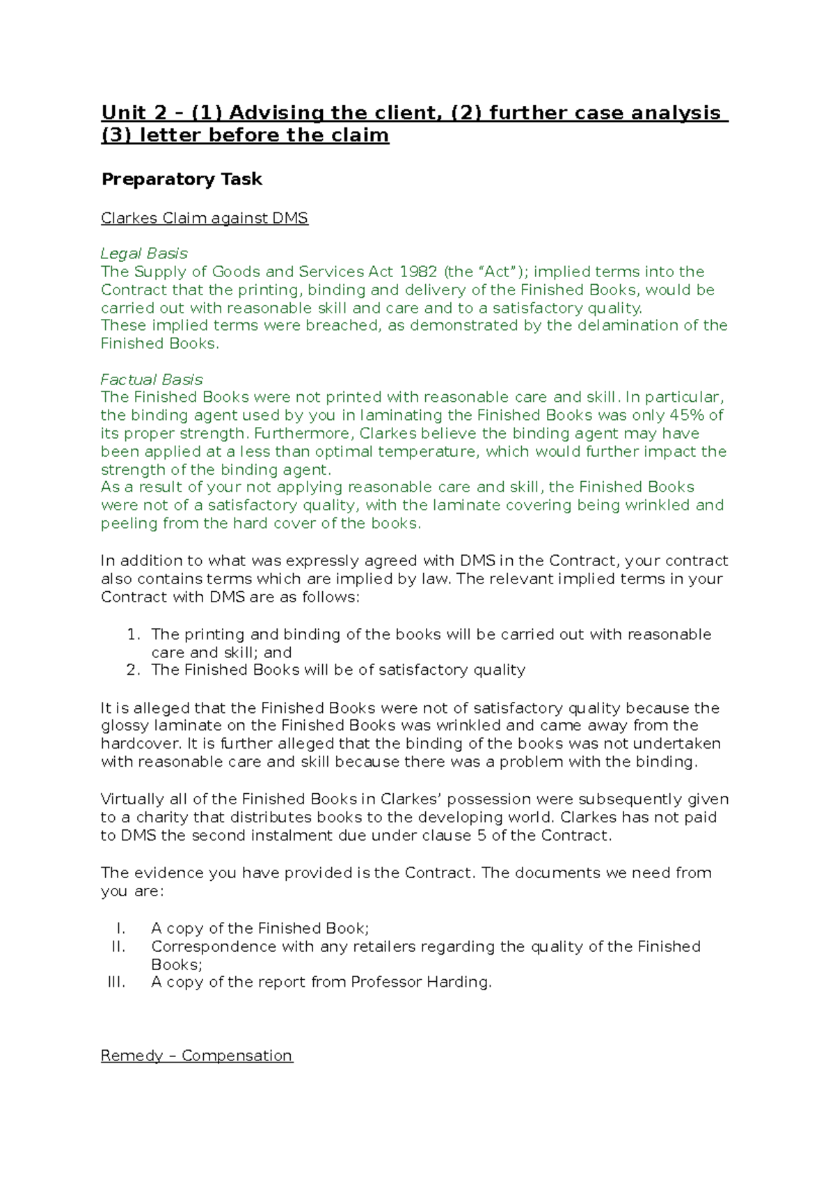 Unit 2 - Prep Task - Workshop Notes on Clarkes' Claim against DMS - Studocu