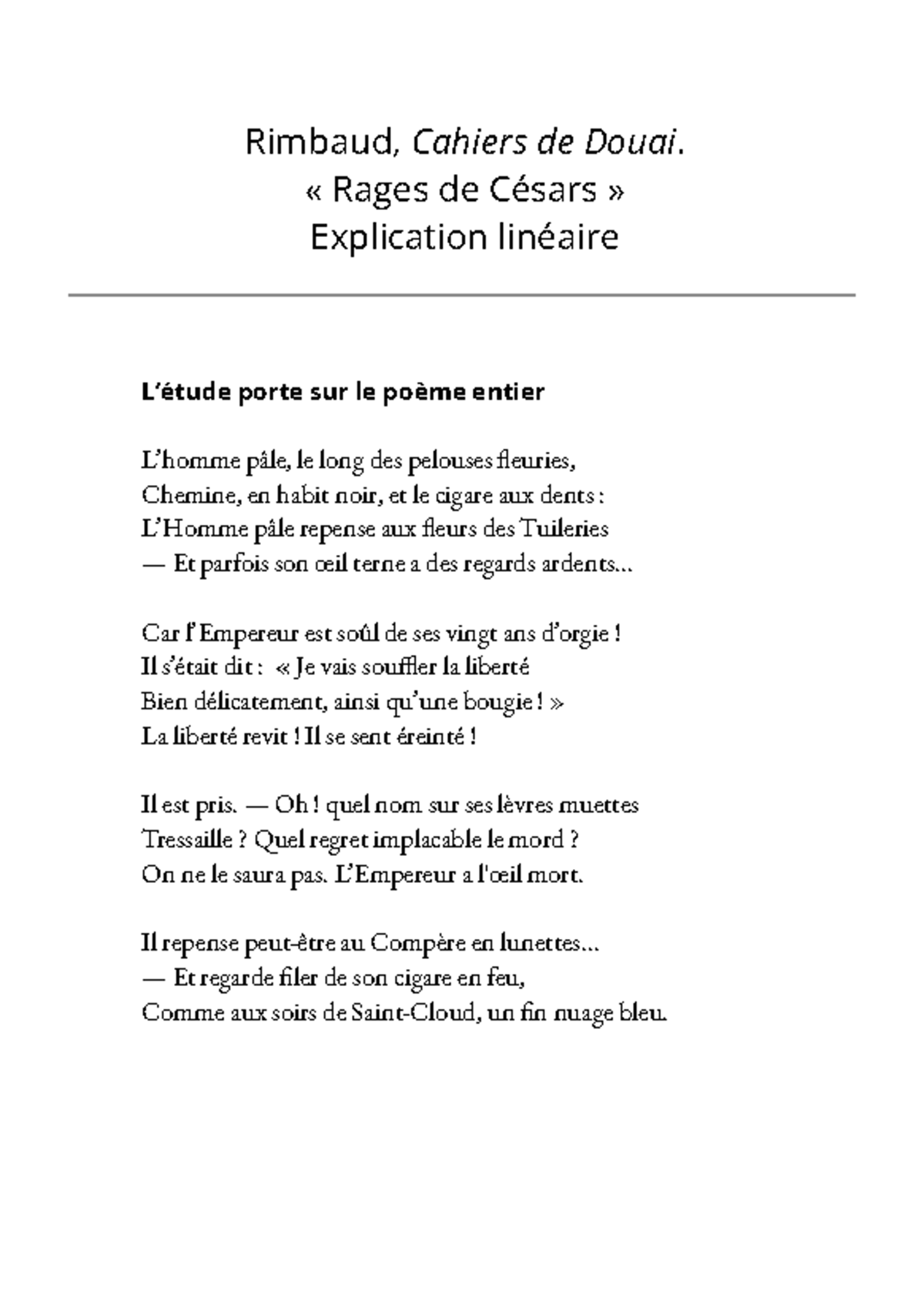 Rimbaud, Cahiers de Douai - Explication Linéaire de 