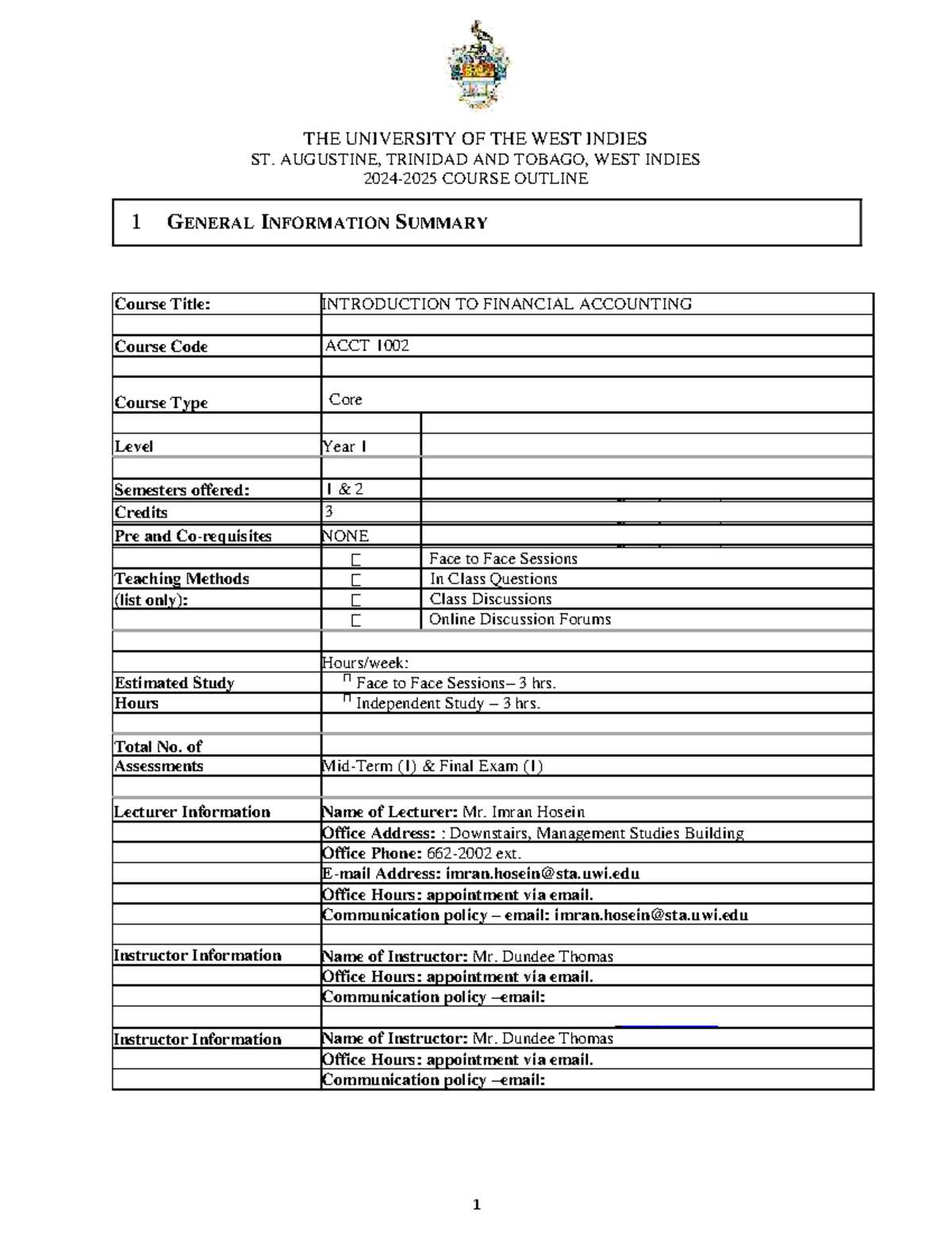 ACCT 1002 Introduction to Financial Accounting Course Outline 2024-2025 ...