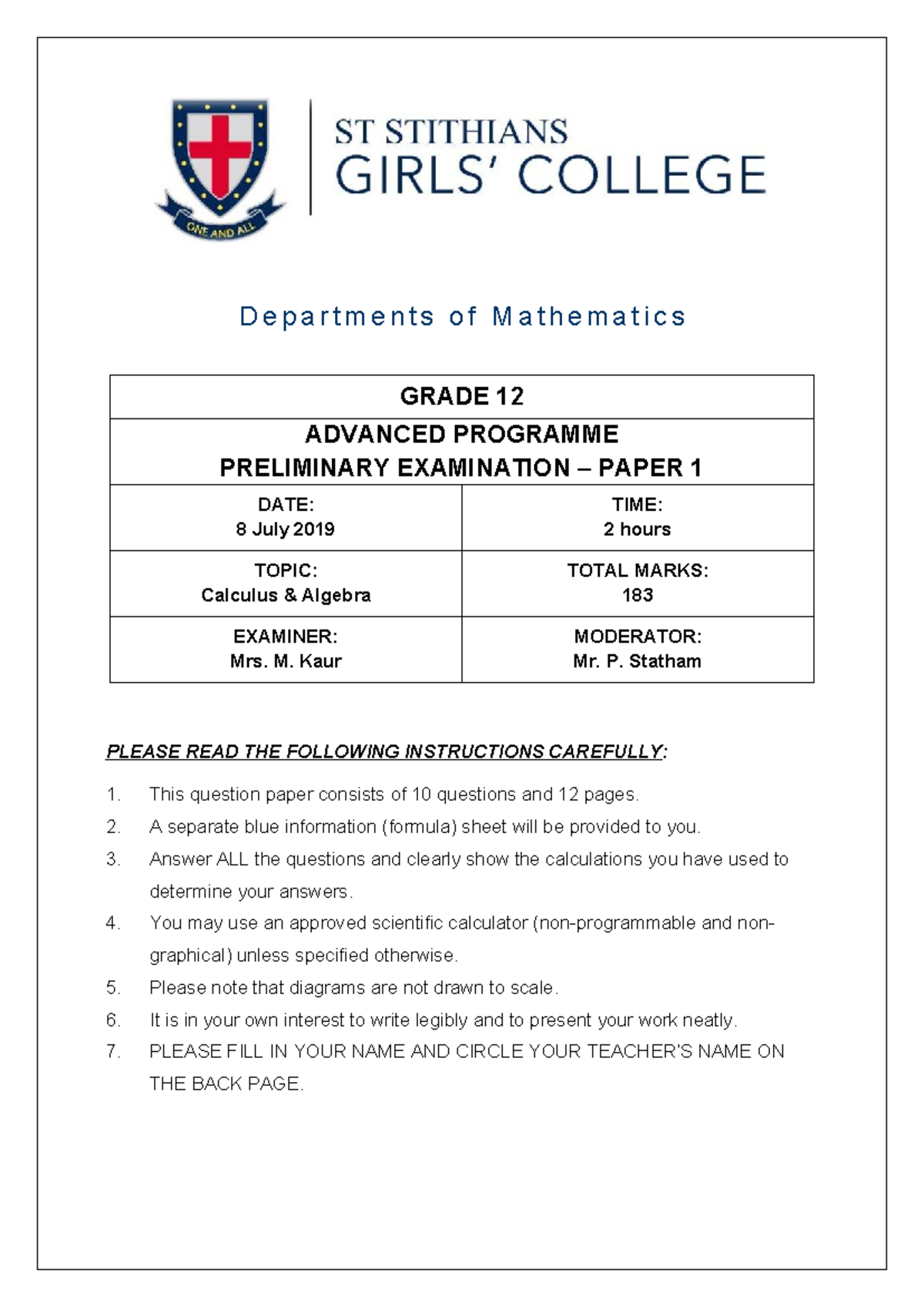 Grade 12 AP Mathematics Preliminary Exam Paper 1 - July 2019 - Studocu