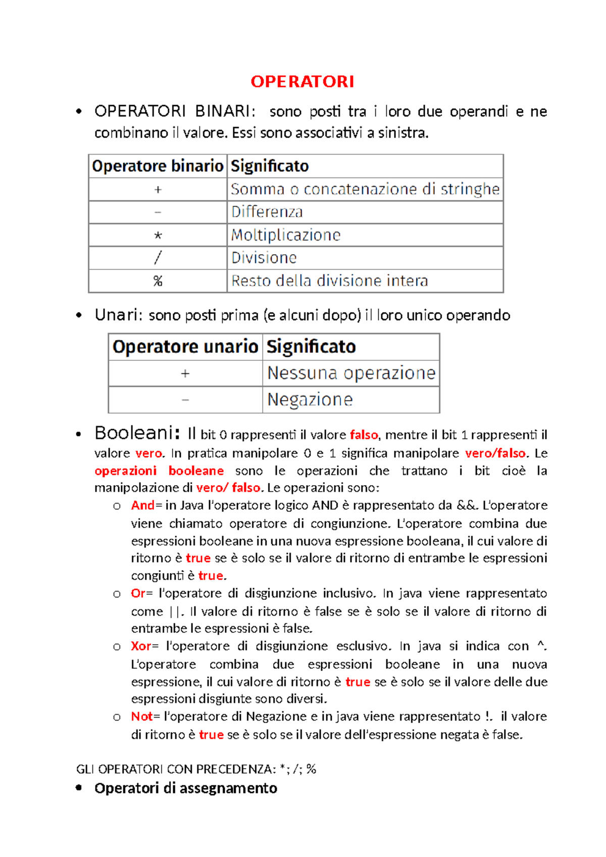 Operatori Binari e Booleani: Riassunto di Programmazione Teoria - Studocu