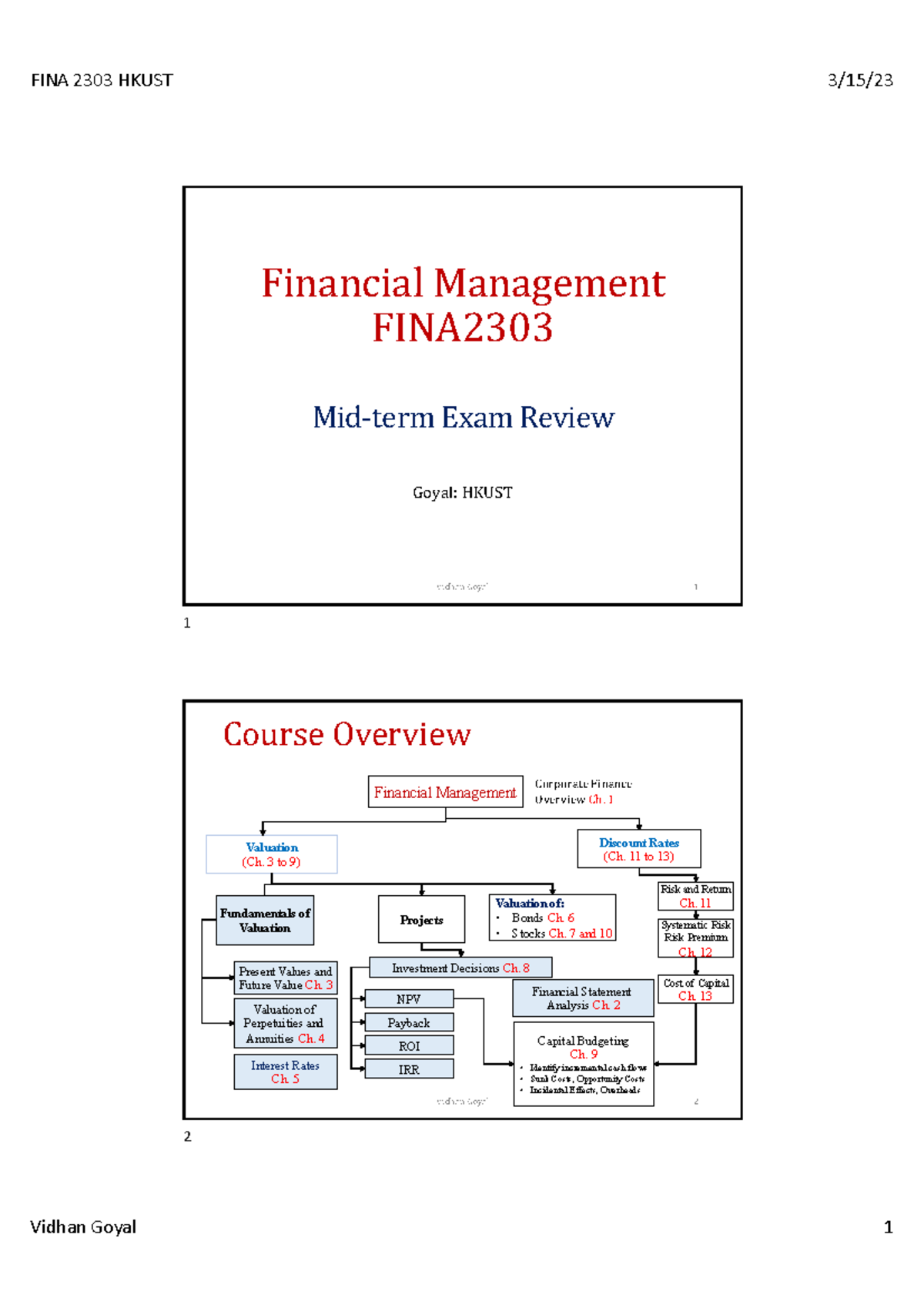 FINA 2303 HKUST Financial Management Midterm Exam Review Notes - Studocu