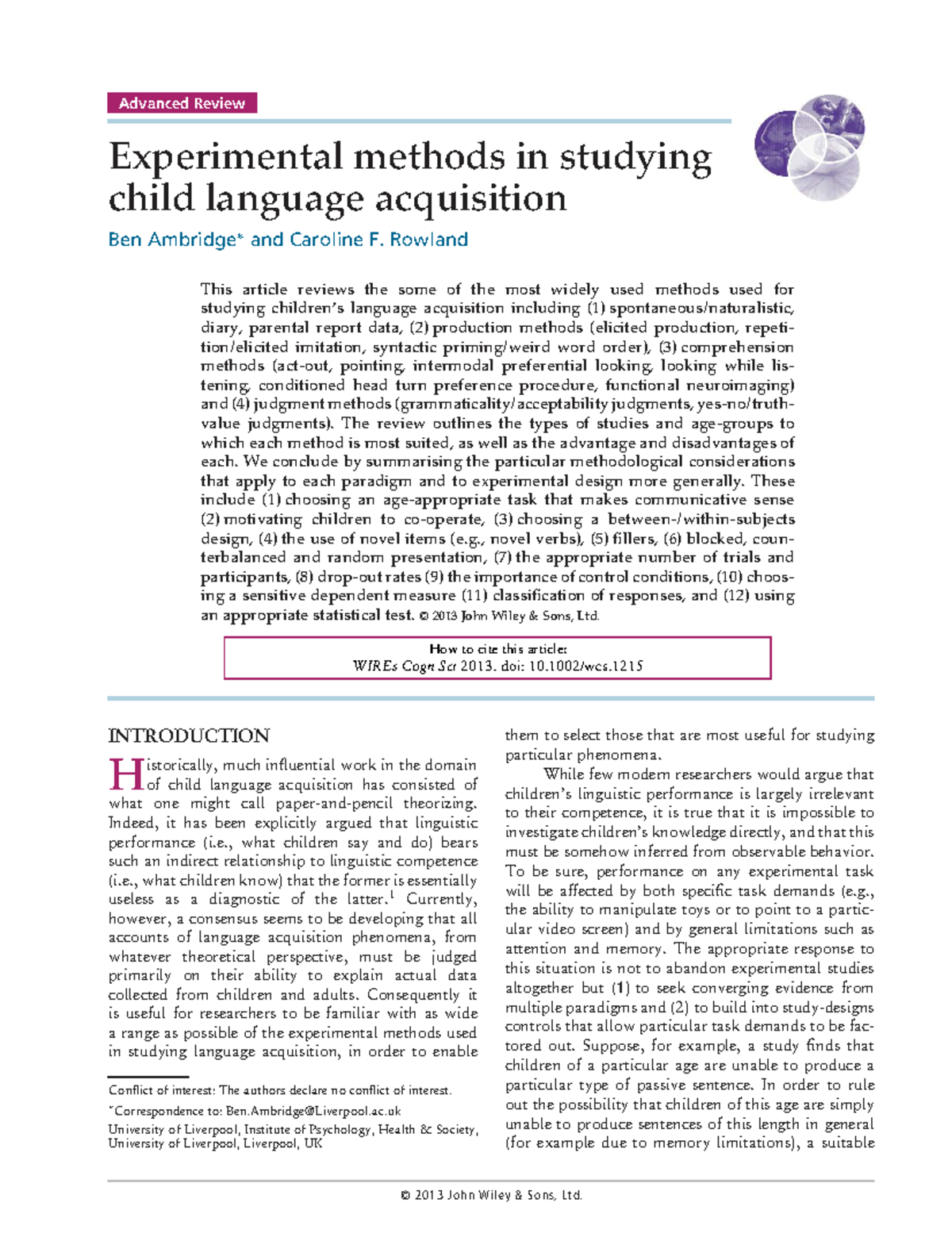 Experimental Methods in Child Language Acquisition (Ambridge & Rowland ...