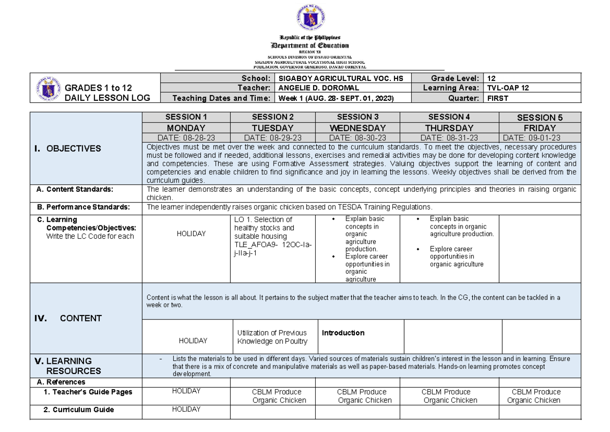 Tvl Oap 12 Daily Lesson Log Week 1 Aug 28 Sep 1 2023 Studocu