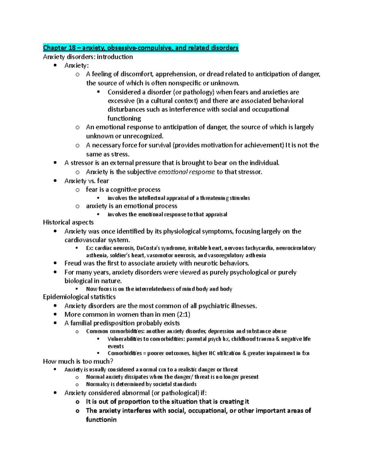 Chapter 18 - Anxiety, OCD, and Related Disorders Study Notes - Studocu