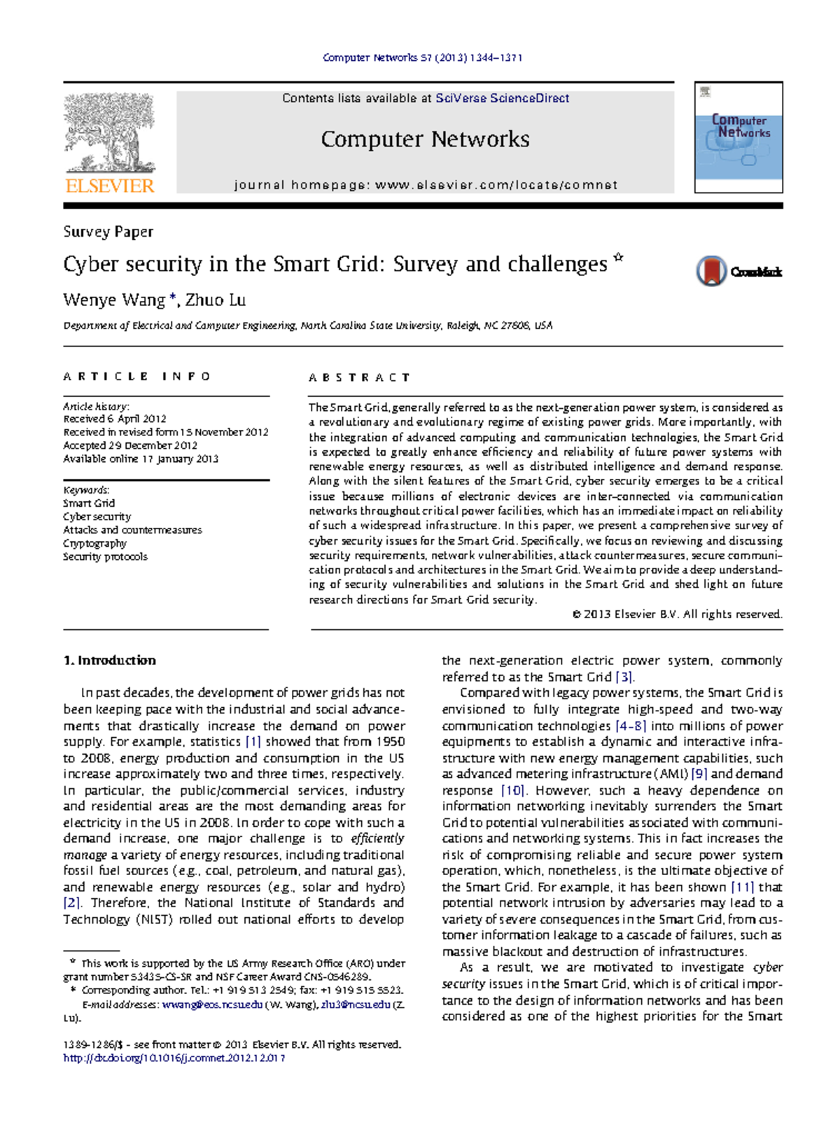 Cyber Security in the Smart Grid: A Comprehensive Survey (CSE 57) - Studocu