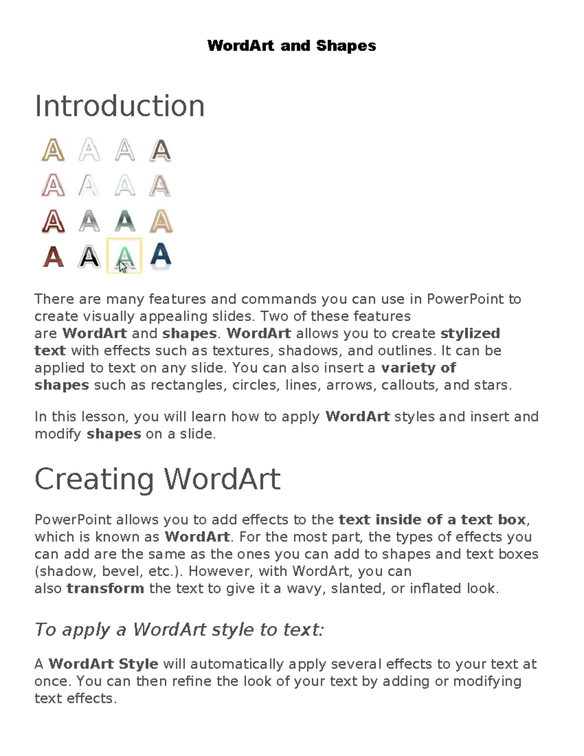PowerPoint Techniques: WordArt and Shapes (Lesson Notes) - Studocu