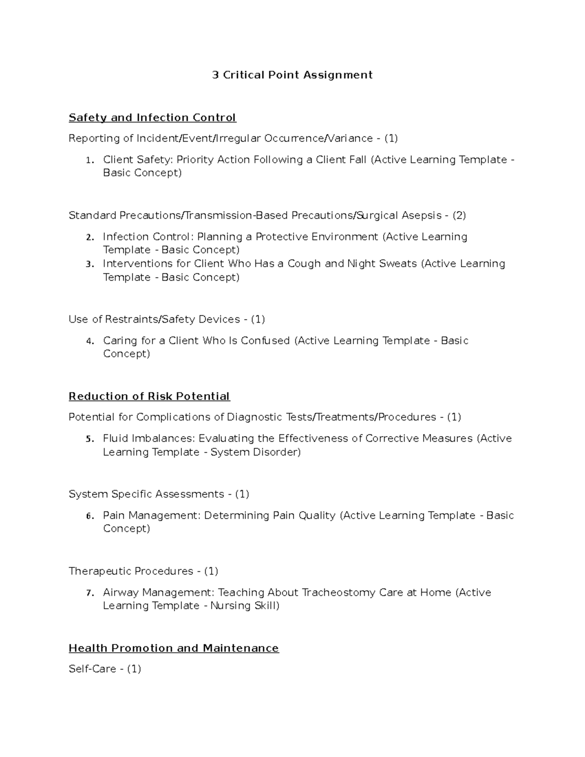 3 Critical Points Assignment: Safety, Infection Control, and Care - Studocu